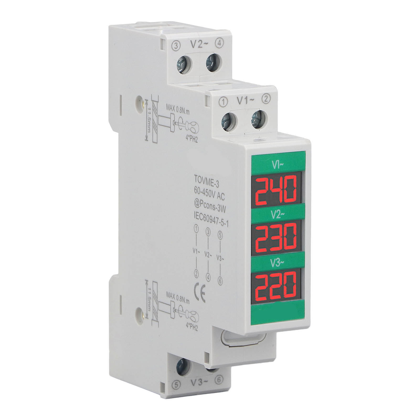 Dreiphasen-wechselstrom-voltmeter Für Din-schienenmontage Mit Lcd-digitalanzeige, Spannungsmesser, Leistungsmesser 60–450 V