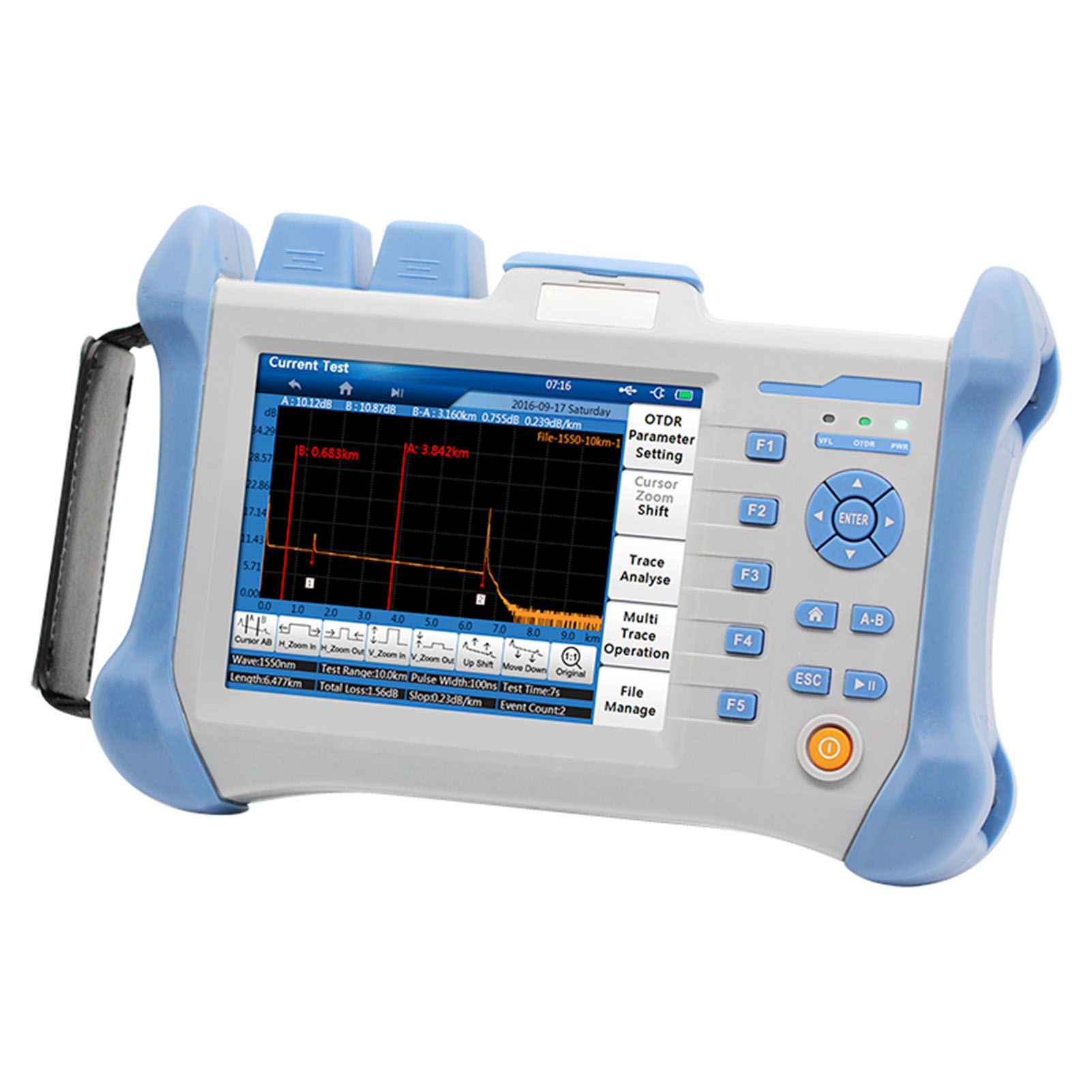 Otdr-lichtwellenleitertester (optisches Zeitbereichsreflektometer) Für Glasfasern, 5,6 Zoll, Tmo300, Blau, 110–240 V, Eu-stecker