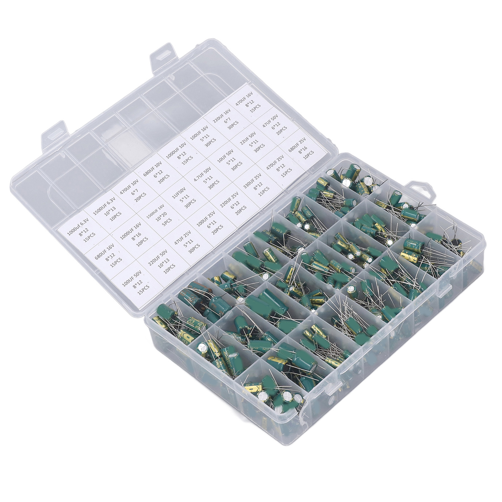 460-teiliges Elektrolytkondensatoren-set, Inline-aluminium-elektrolytkondensatoren-sortiment, 6,3 V–50 V, Grün