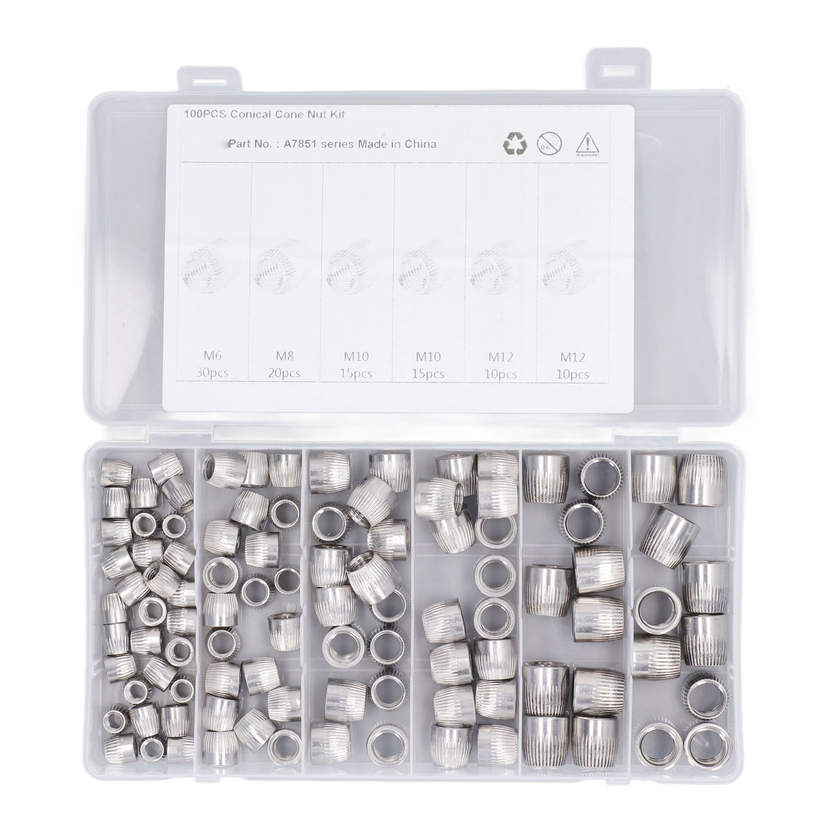 100 Stück Kegelmuttern Aus Edelstahl 304, 6 Mm, 8 Mm, 10 Mm, 12 Mm, 4 Ausführungen, Gerändelte Implosionsmuttern