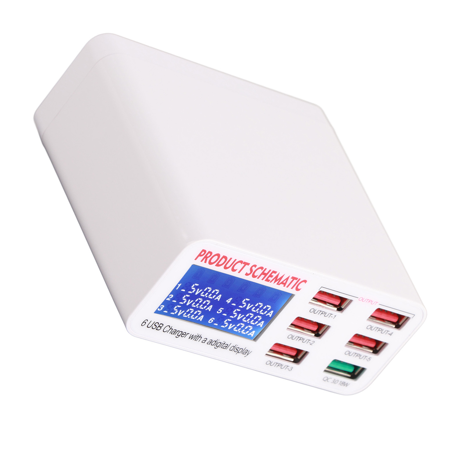 Usb-ladehub Mit 6 Anschlüssen, Digitalem Lcd-display, Automatischer Erkennung, Desktop-usb-ladestation, 100–240 V, Eu-stecker