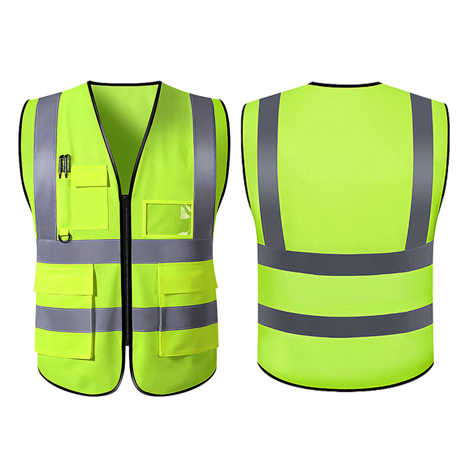 Sicherheits-reflexweste Für Bauwesen, Industrie, Straßen- Und Autobahnverkehr, Aus Stoff, Mit Reißverschluss Und Mehreren Taschen, Grün