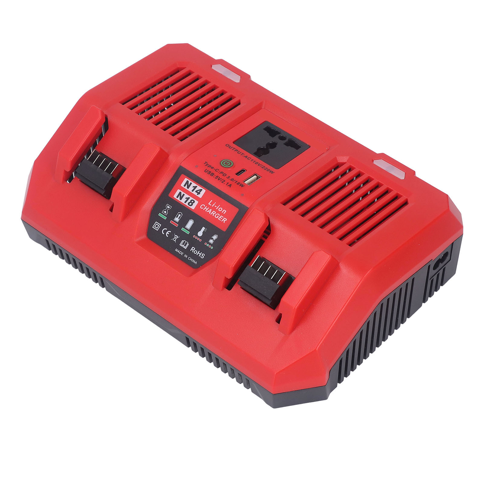 M18 Schnellladegerät Für Lithium-ionen-akkus Mit Zwei Ladeschächten, Simultanes Schnellladen, Ersatz Für 110v/220w-wechselrichter, Eu-stecker (100–240v)