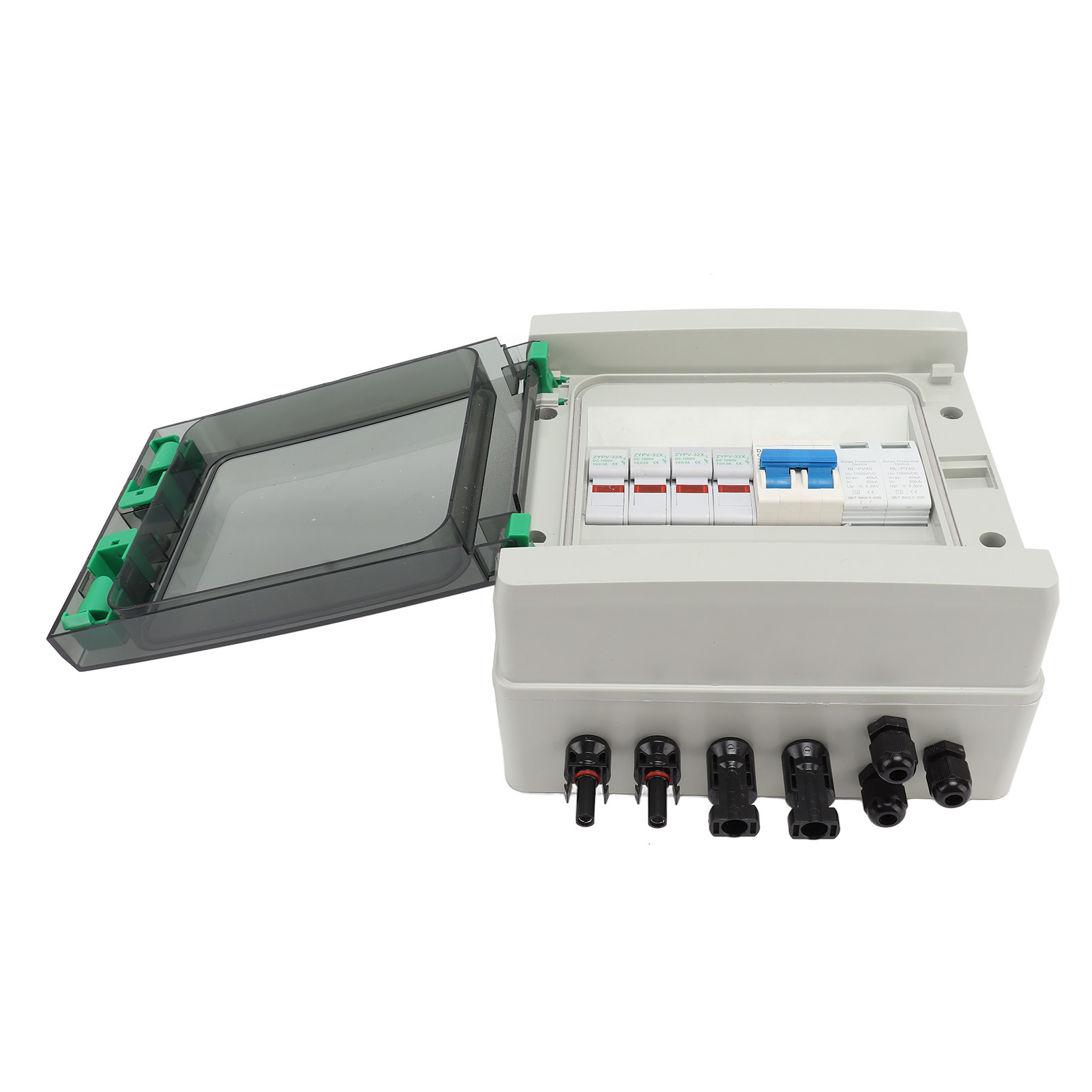 Solar-pv-kombinationsbox Für 2 Strings, Kunststoff, 15-a-sicherung, Blitzschutz-leistungsschalter, 2 Eingänge, 1 Ausgang, Dc 1000 V, Ip67 Wasserdicht