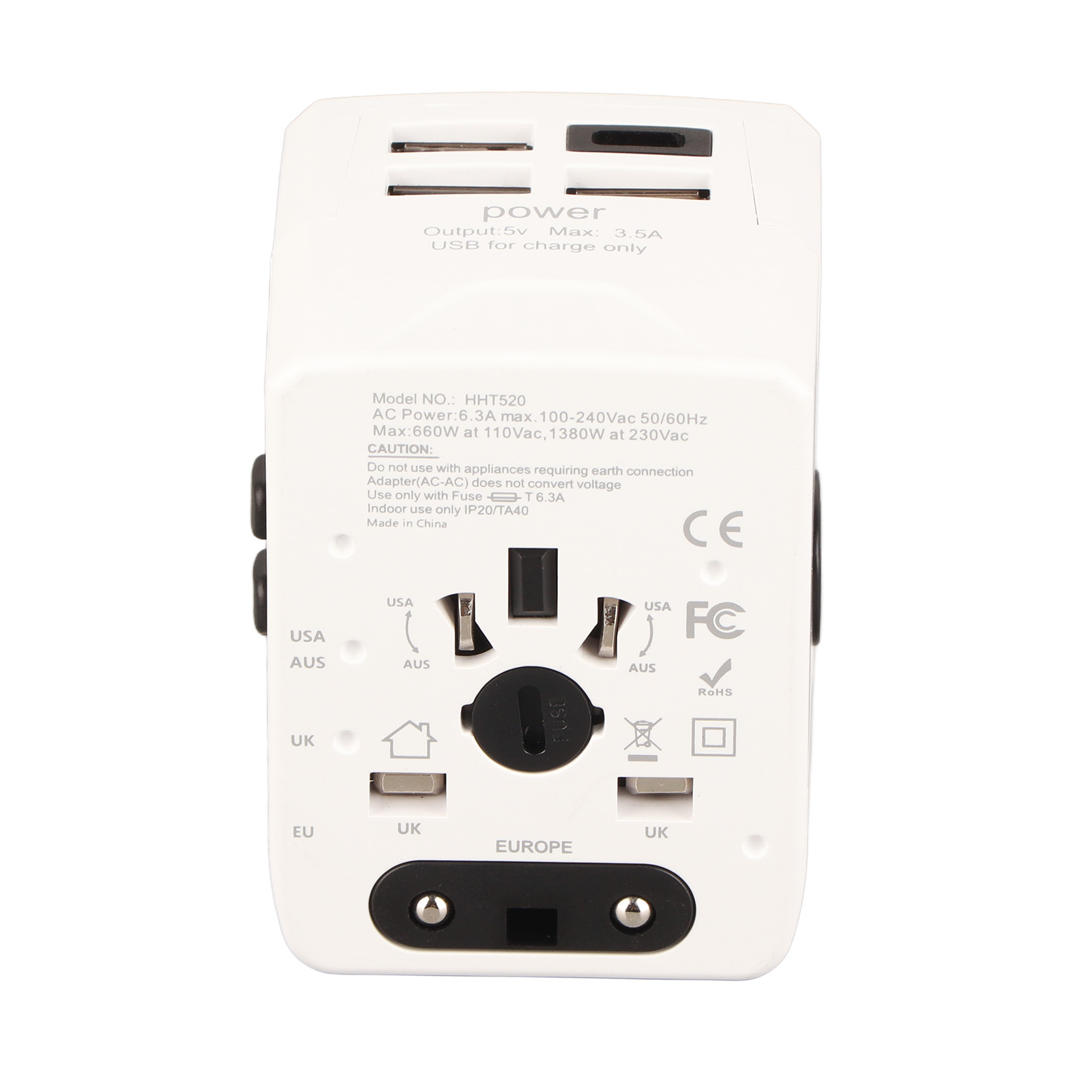 Universal-reiseadapter Mit Internationalem Stecker, Stromwandler Mit Mehreren Steckdosen (110–250 V), 3 Usb-anschlüssen Und Usb-c-anschluss, Weiß