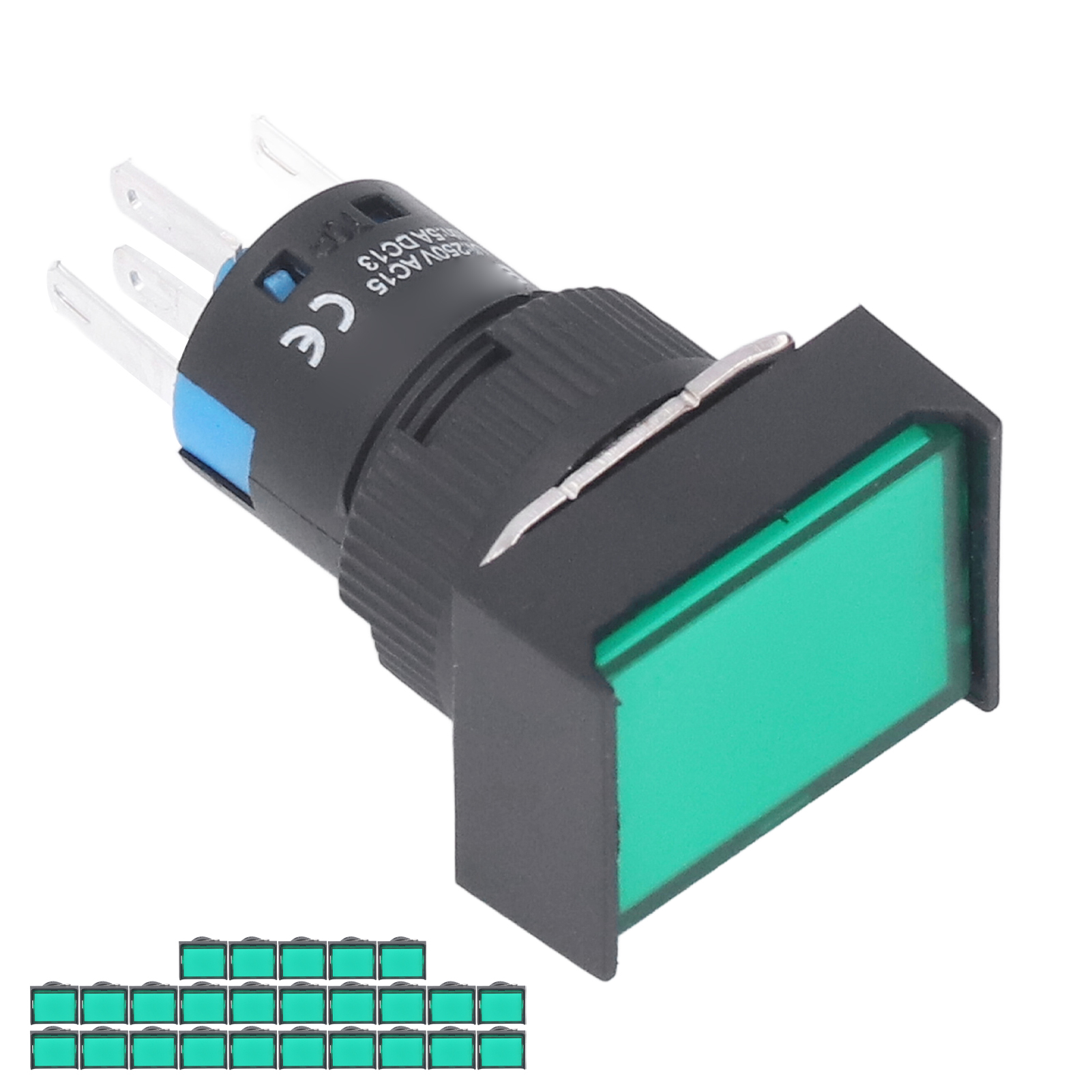 25 Stück Momentan-drucktaster, Selbstverriegelnd, Rechteckig, Mit Leuchte, 220 V, Bemla1611dsj, 16 Mm (grün)