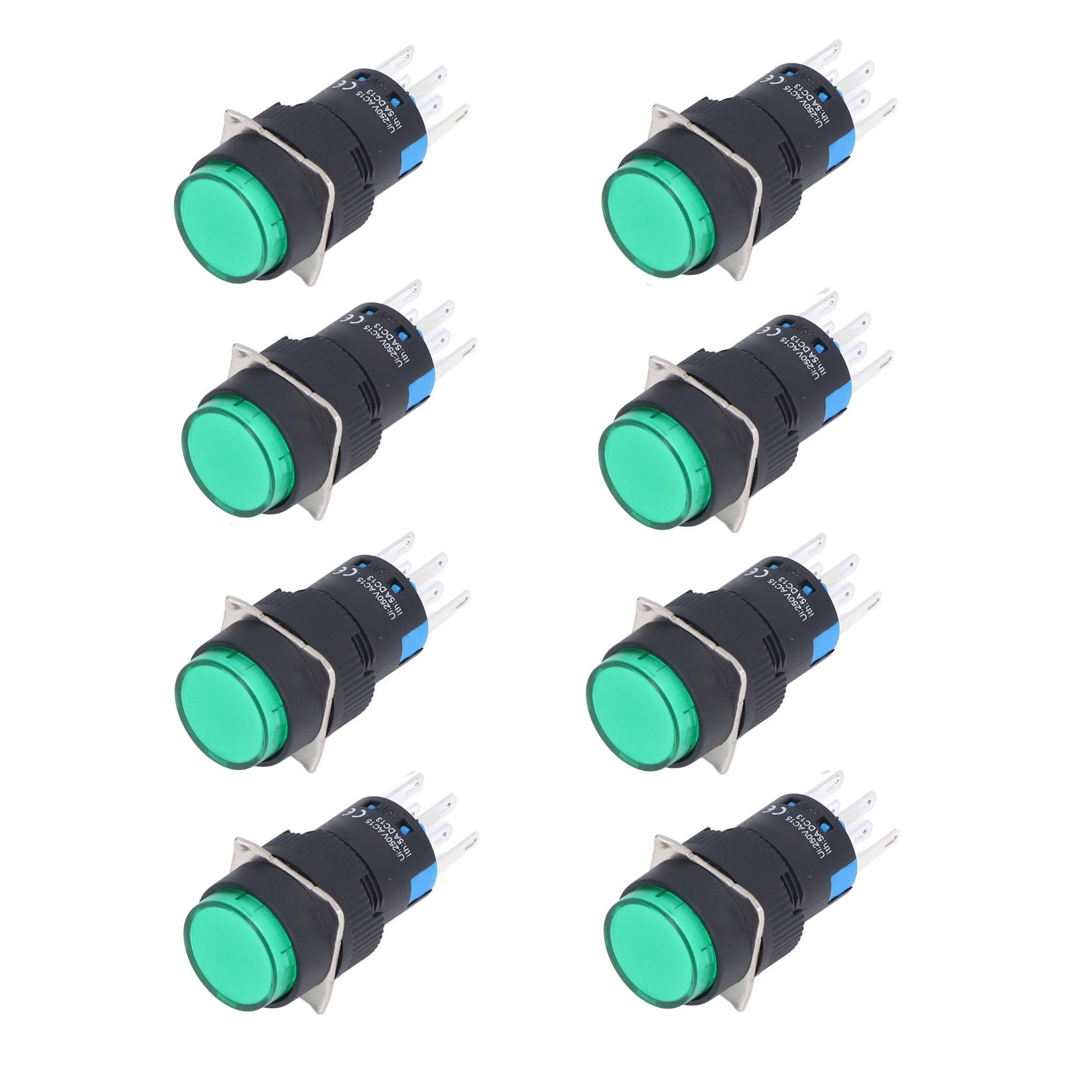 25 Stück Momentan-drucktaster, Selbstverriegelnd, 8-polig, Rund, Mit Leuchte, 24 V, Bemla1622dsy, 16 Mm (grün)
