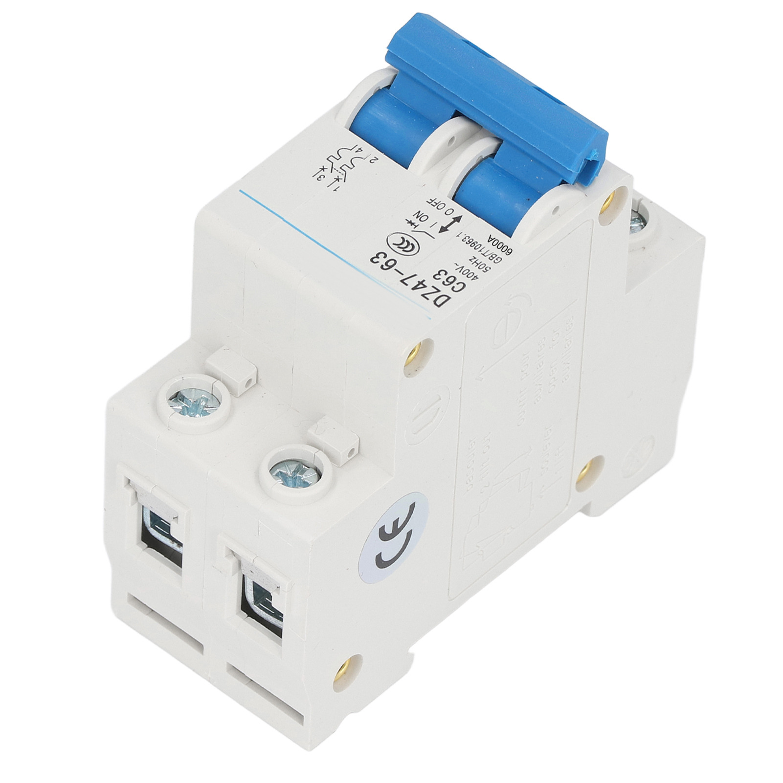 2-poliger Leitungsschutzschalter Pa66 Kurzschlussschutz Din-schienenmontage 400 V 63 A Abschaltvermögen 4500 A/6000 A Universal