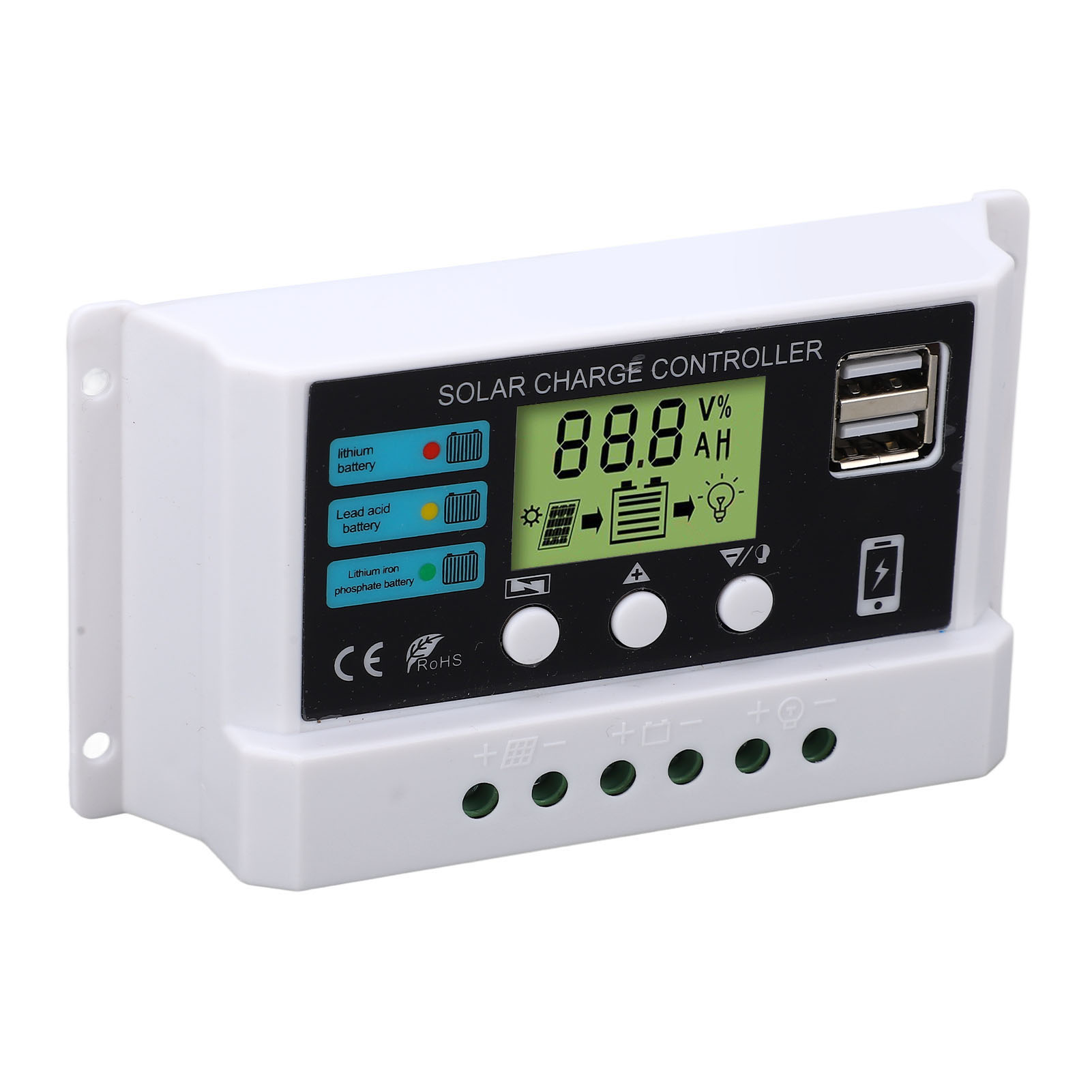 Solarladeregler Mit Industriechip, Lcd-display, Überlastschutz, 12 V/24 V, Selbstadaptierend, Weiß, 30 A