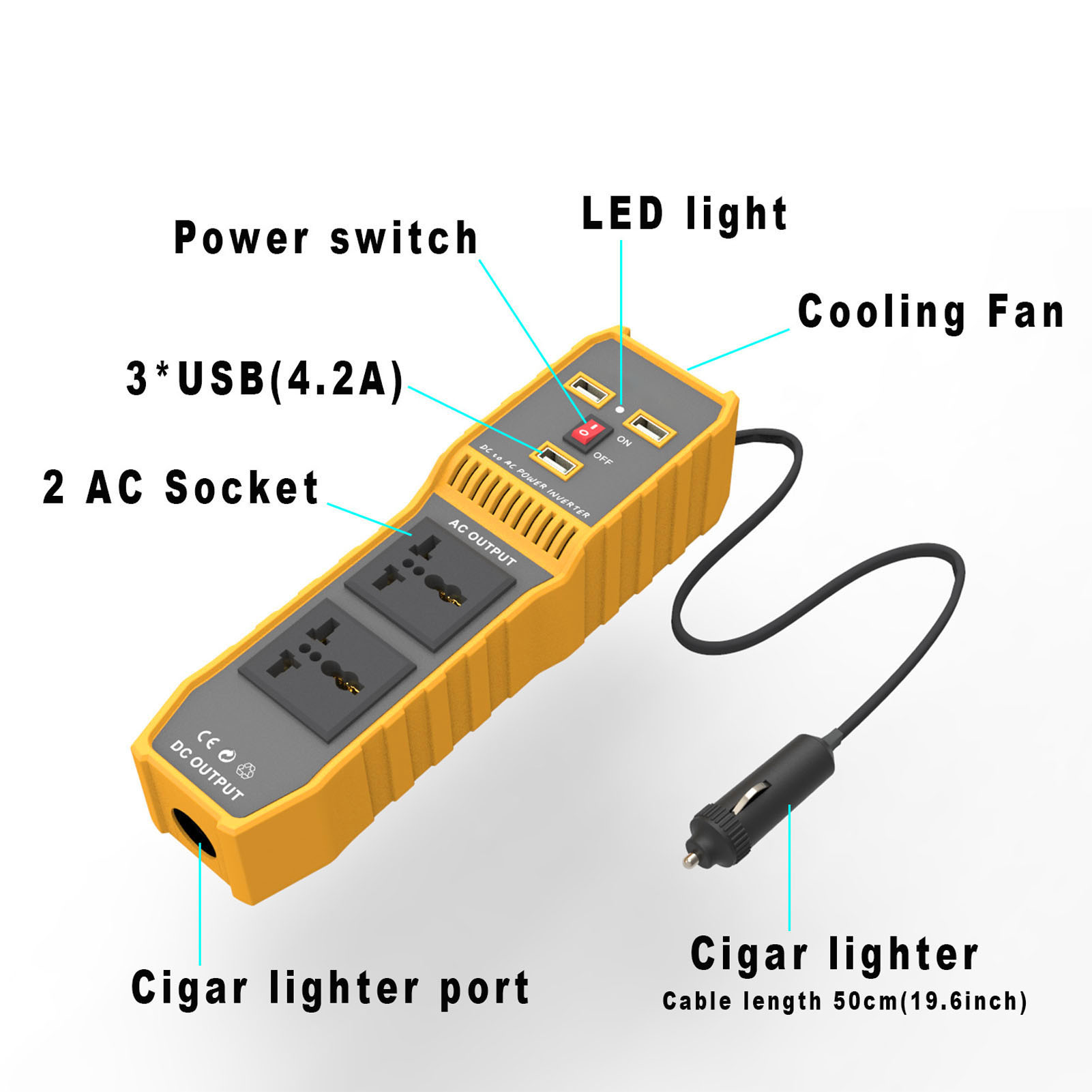 Kfz-wechselrichter 12 V Dc Auf 220 V Ac, 200 W, Mit 3 Usb-anschlüssen, 2 Universalanschlüssen Und 1 Zigarettenanzünderbuchse