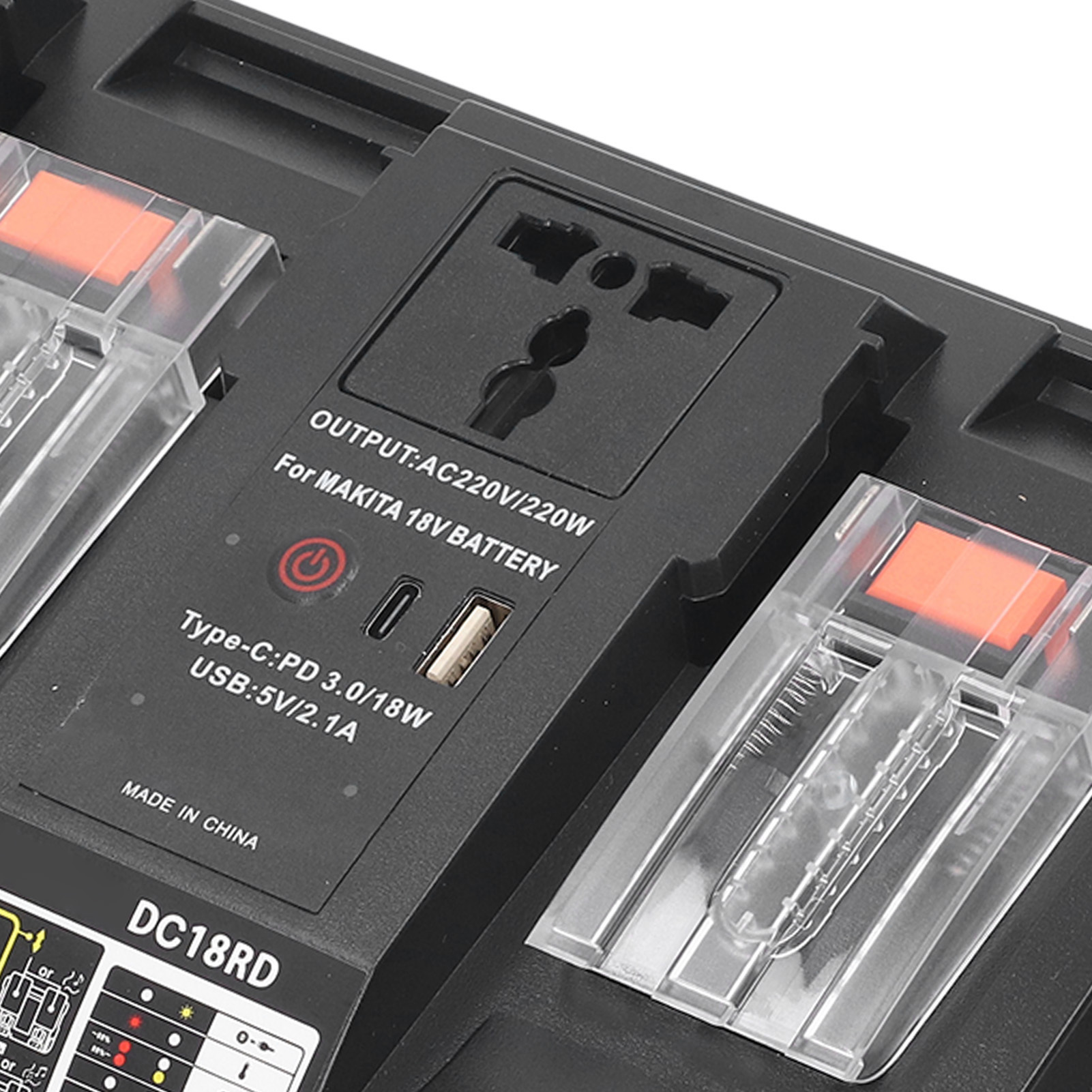 Dual-port-akkuladegerät Für 14,4 V Und 18 V Lithium-ionen-akkus Mit 220 V/220 W Wechselrichter, Led-leuchte Und Eu-stecker