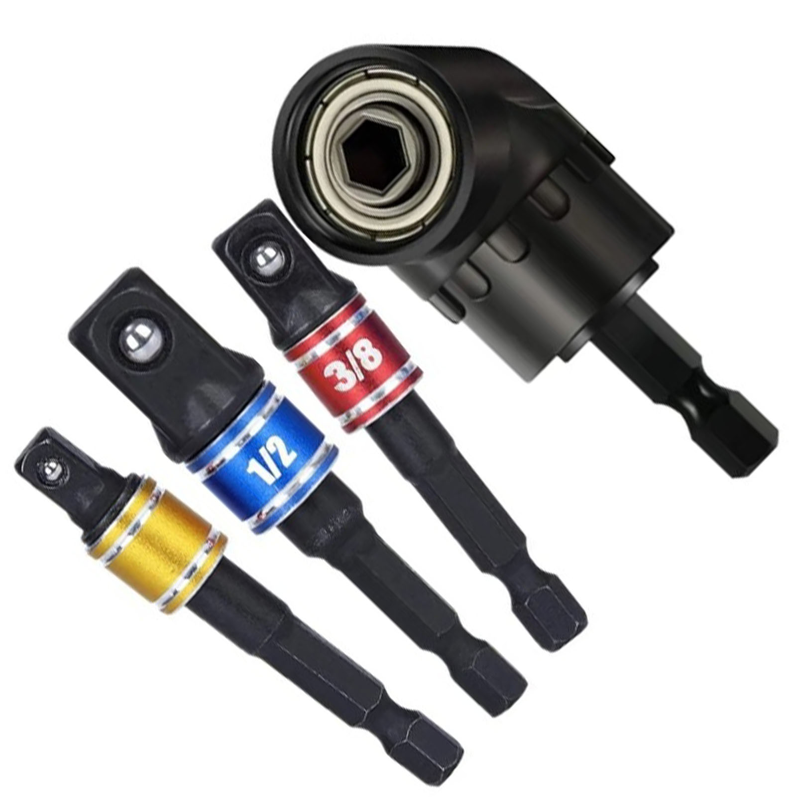 4-teiliges Set Bohradapter Mit 105°-winkelbohrer (1/2 Zoll, 3/8 Zoll, 1/4 Zoll) Und 360°-steckschlüsseladapter Für Muttern Und Schrauben