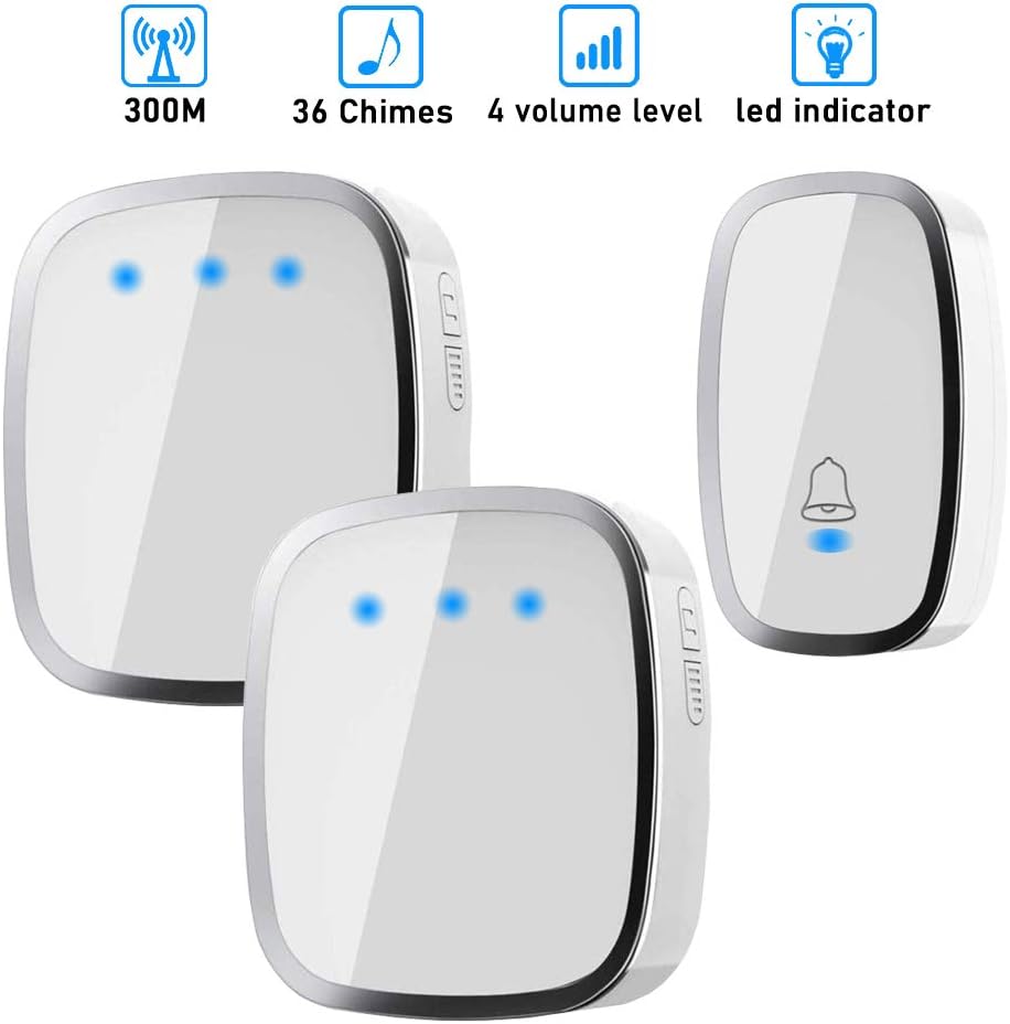 Sonnette Sans Fil, Carillon Sans Fil Etanche À 300 Mètres De Portée, Kit De Carillon Avec Led Et 36 Mélodies Au 4 Niveau Volume Pour Maison, Bureau, Hôtel-1 Emetteur Et 2 Récepteurs Inclus