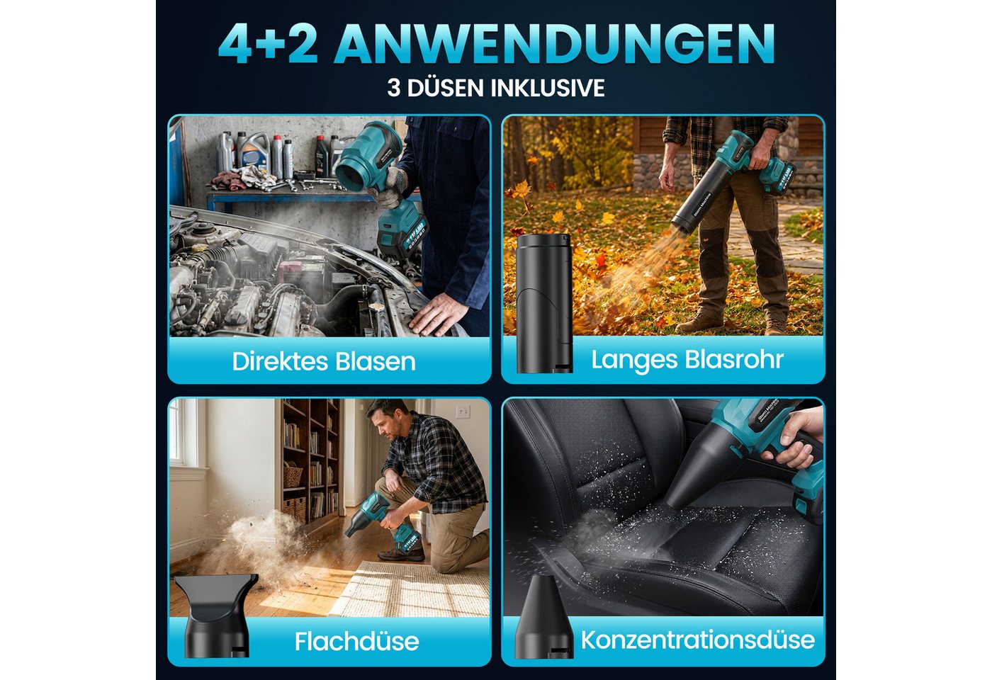 Ultraleichter, Extrem Leistungsstarker 4.0 Akku-turbinenbläser, Bürstenloser Motor, Inklusive Akkus, Bläser Und Werkzeugkoffer, Für Rasen Und Garten (1 Stück + 2 Stück Akkus) Bild 2