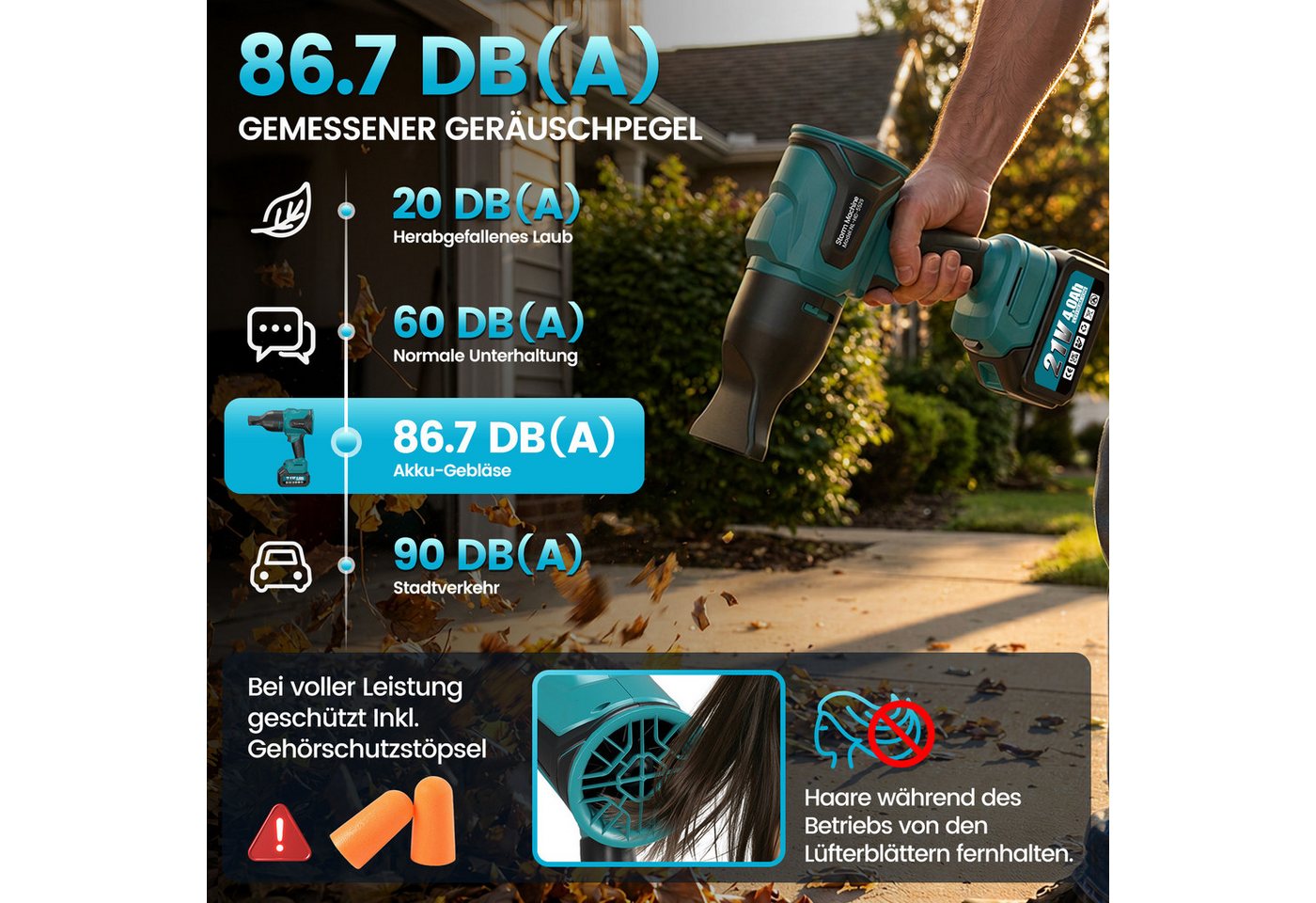 Ultraleichter, Extrem Leistungsstarker 4.0 Akku-turbinenbläser, Bürstenloser Motor, Inklusive Akkus, Bläser Und Werkzeugkoffer, Für Rasen Und Garten (1 Stück + 2 Stück Akkus) Bild 4