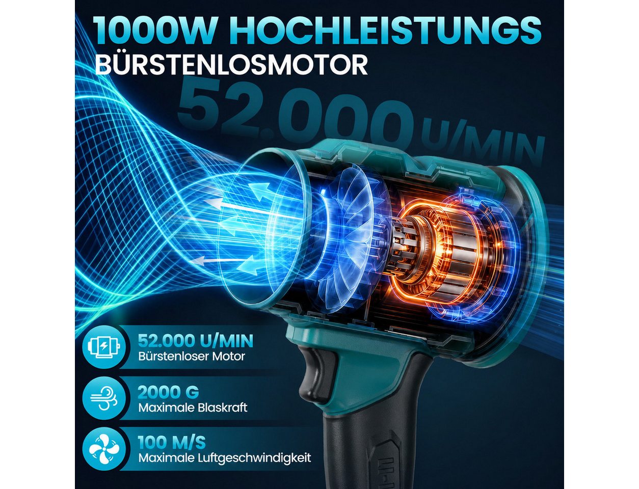 Ultraleichter, Extrem Leistungsstarker 4.0 Akku-turbinenbläser, Bürstenloser Motor, Inklusive Akkus, Bläser Und Werkzeugkoffer, Für Rasen Und Garten (1 Stück + 2 Stück Akkus) Bild 5