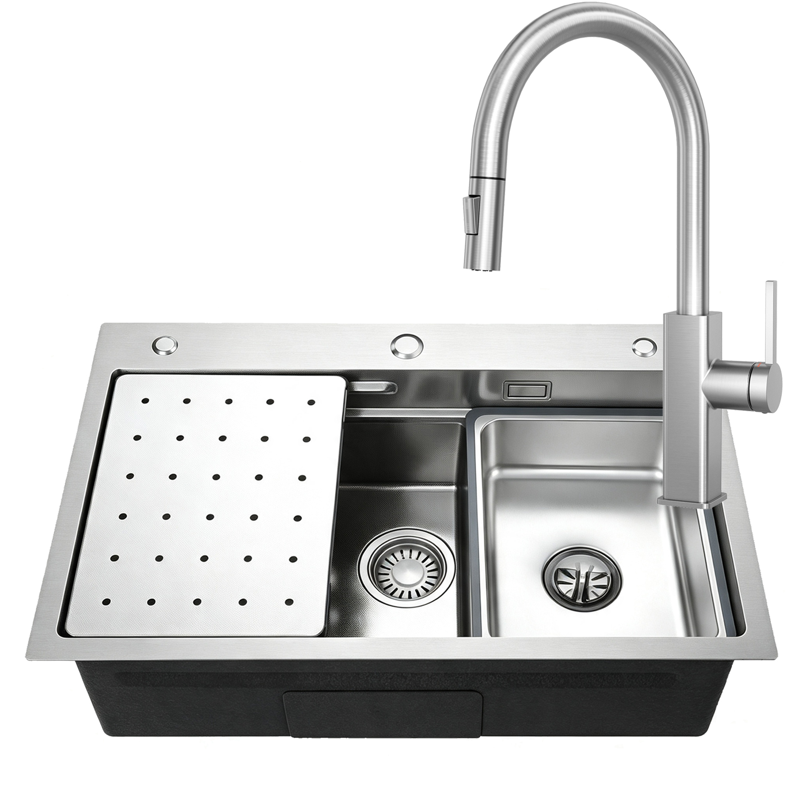 Cecipa Max Küchenspüle 70 X 45 Cm Edelstahl Spüle + Ausziehbarer Küchenwasserhahn Mit 2 Strahlarten, Inkl. Abtau- & Seiherkorb, Ablaufgarnitur-set