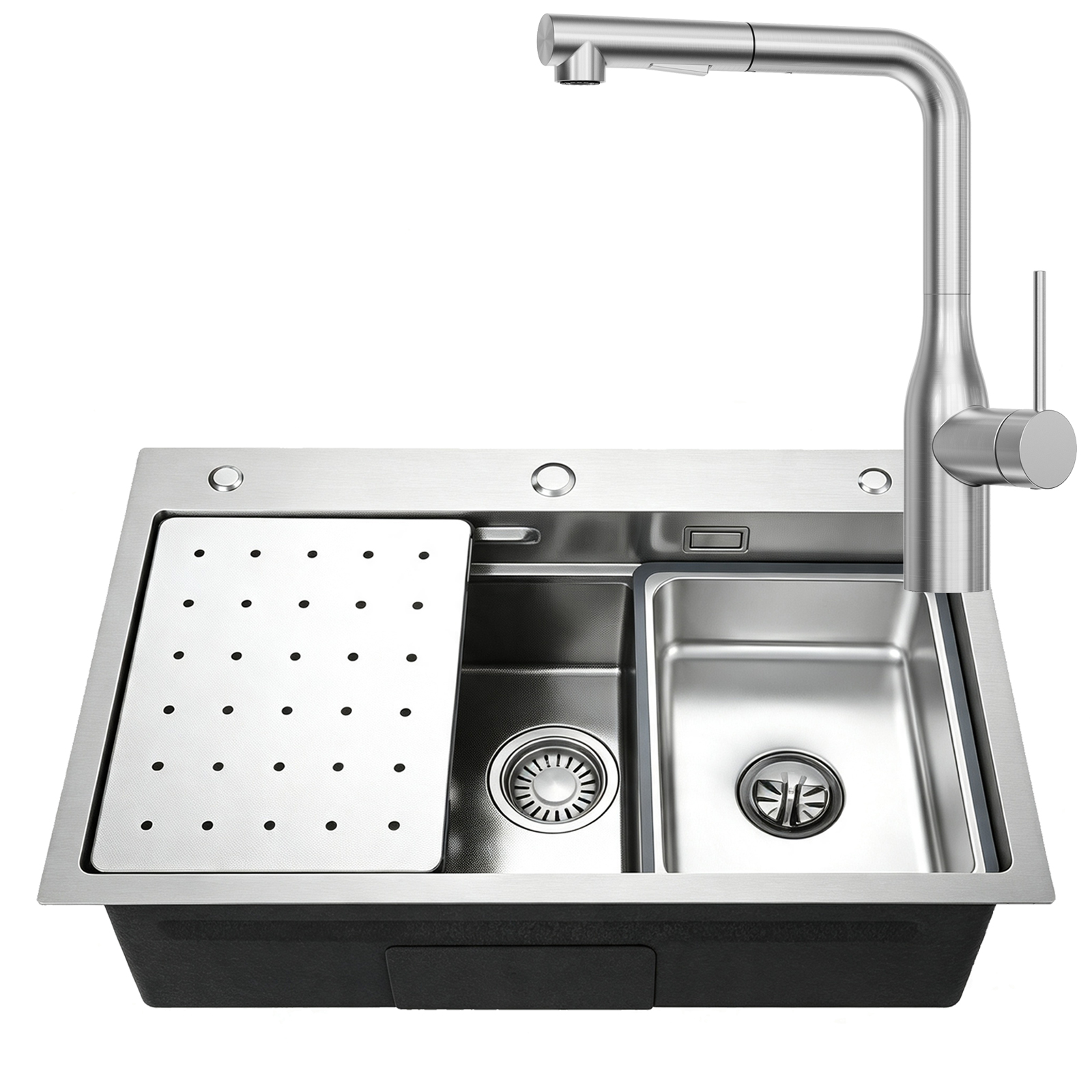 Cecipa Max Küchenspüle 70 X 45 Cm Edelstahl Spüle + Ausziehbare Küchenarmatur Mit 2 Strahlarten, Inkl. Abtau- & Seiherkorb, Ablaufgarnitur-set