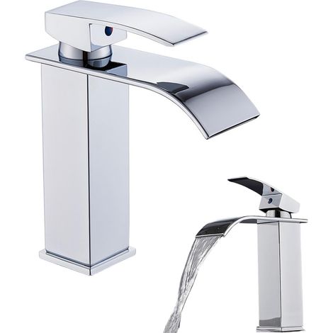Waschtischarmatur – Modernes Wasserfall-design Mit Klick-klack-ablaufgarnitur – Armatur Für Warm- Und Kaltwasser, Explosionsgeschützter Edelstahlschlauch (60 Cm) Inklusive, Flache Öffnung