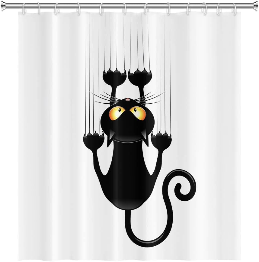 Duschvorhang Mit Schwarzer Katze Und Braunem Pfotenabdruck (180 X 200 Cm), Niedliches Katzenmotiv Mit Kätzchen Auf Weißem Hintergrund, Badewannenvorhang Aus Polyester Mit Haken