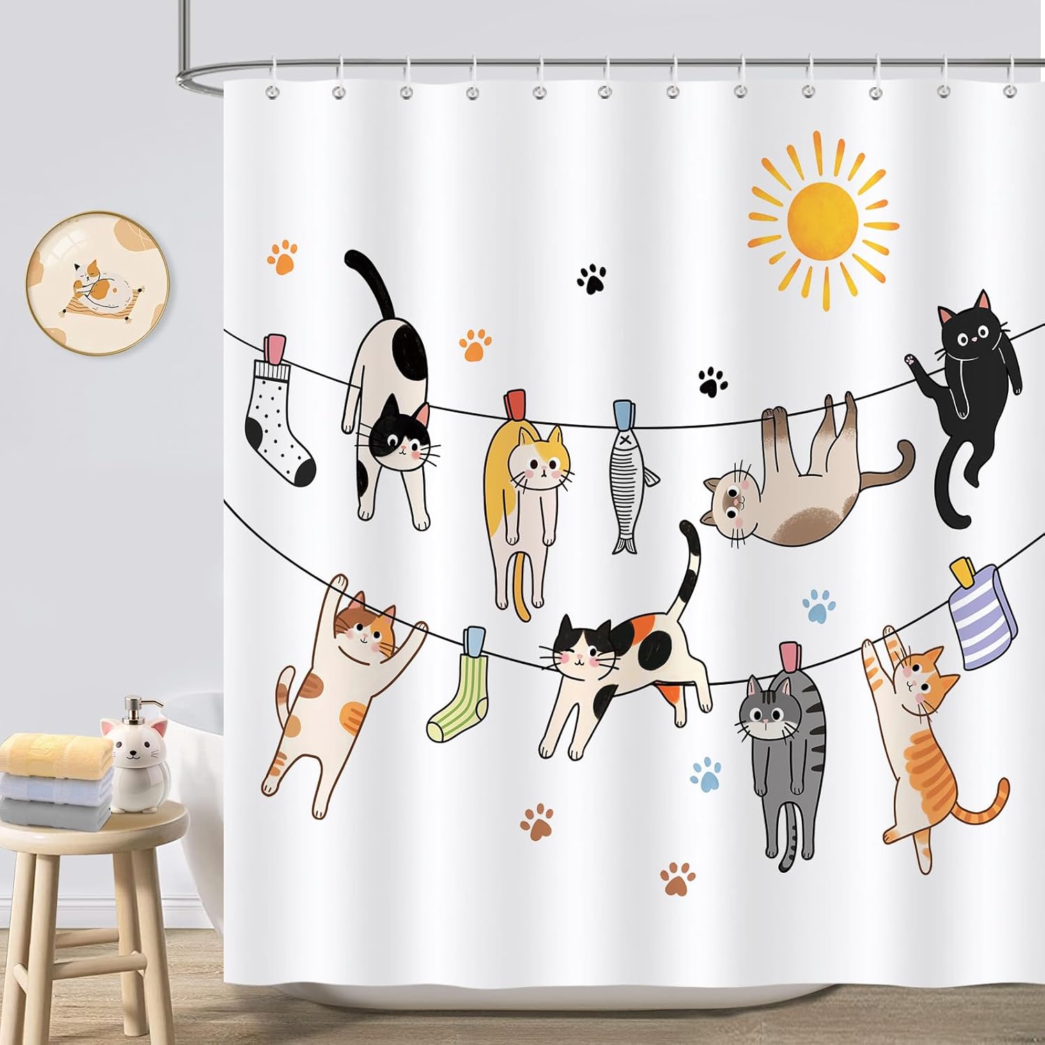 Niedlicher Duschvorhang Mit Katzenmotiv, Lustiger Badewannenvorhang, Modernes Design, Tiermotiv Für Kinder, 180 X 180 Cm, Wasserdichtes Polyester, Schimmelresistent, 12 Haken