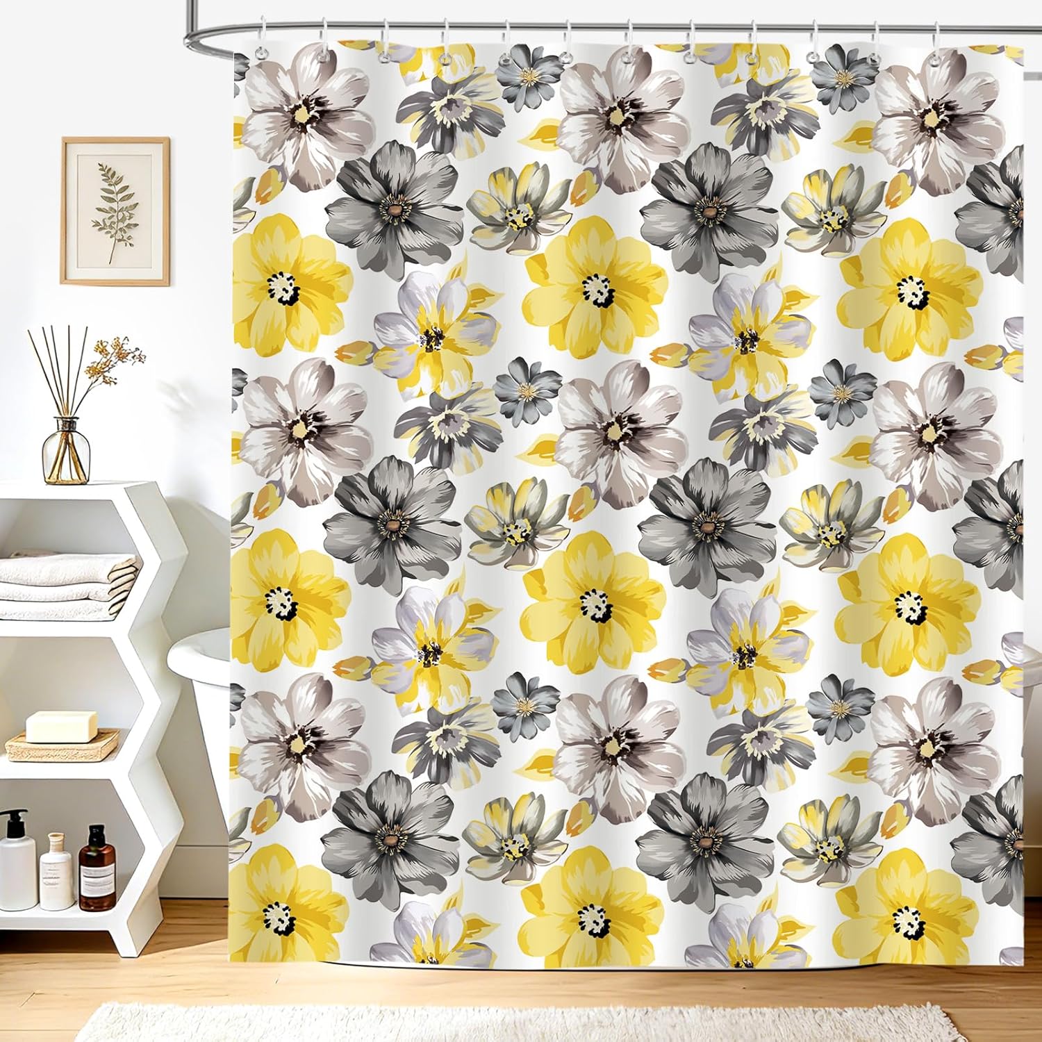Duschvorhang 180 X 200 Cm Aquarellblumen Grau Gelb Frühlings-landhausstil Badewannenvorhänge Wasserdichtes Polyestergewebe Für Badezimmer Maschinenwaschbar Mit 12 Haken