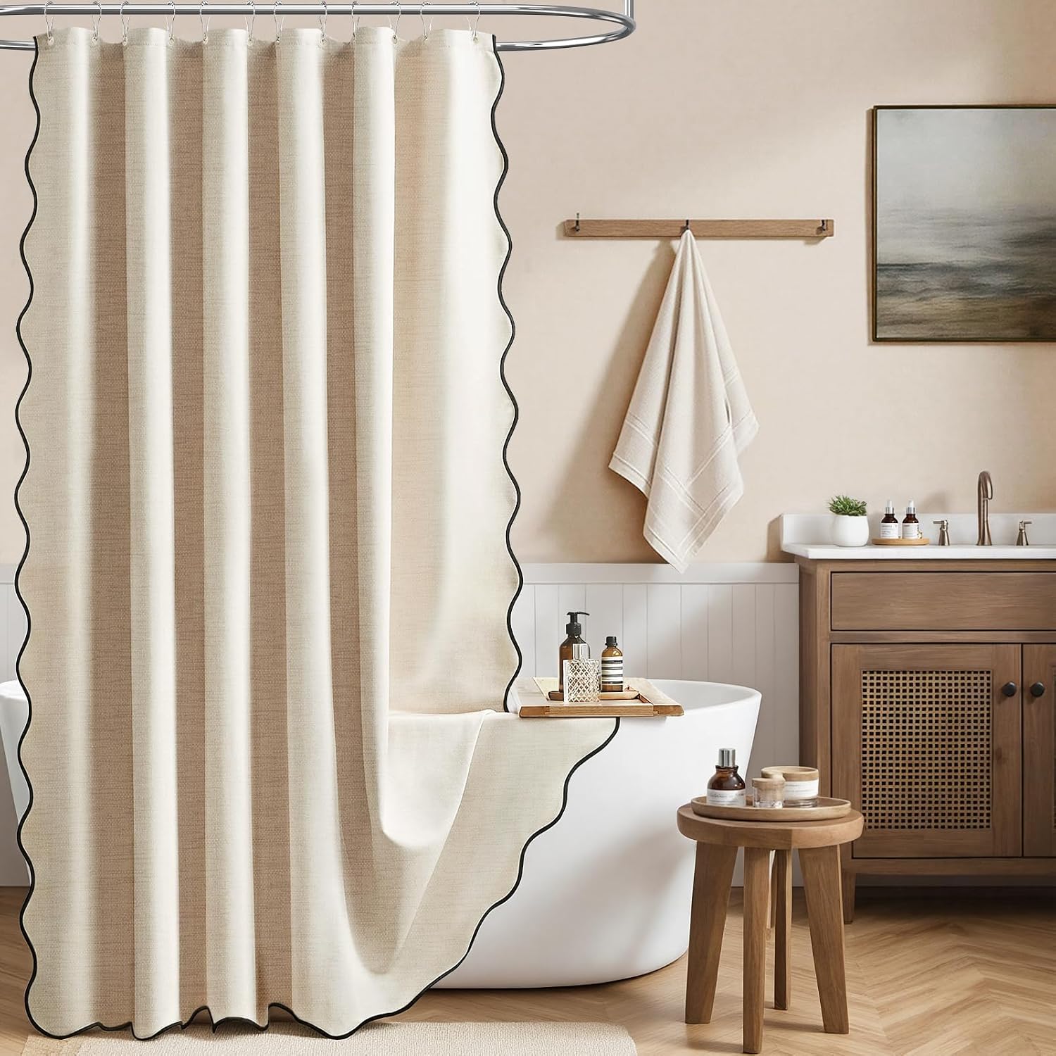Duschvorhang, 180 X 200 Cm, Leinenstruktur, Wasserdicht, Fächerförmiger Saum, Beige Laminierte Rückseite, Wasserdicht, Leinenstruktur, Bohème-stil, Schimmelresistent, Beschwerter Saum, Maschinenwasch