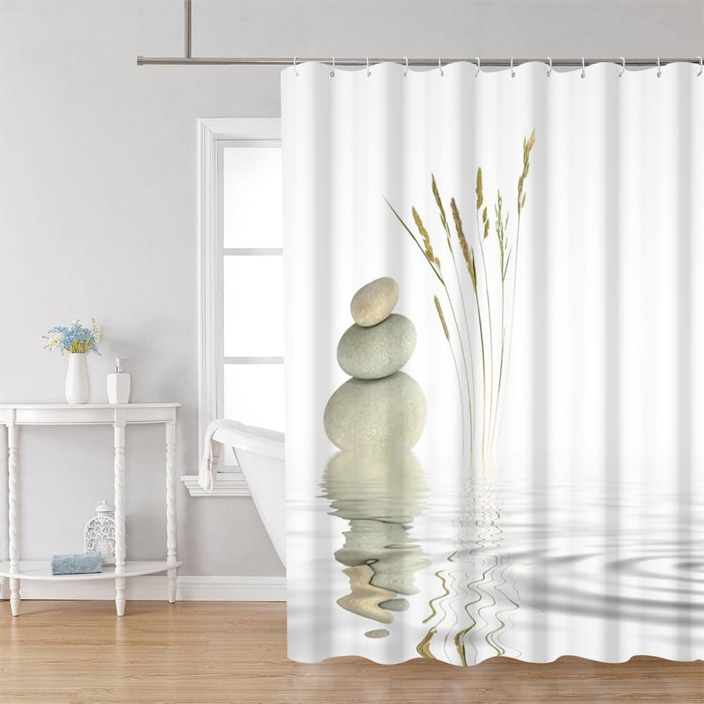 Spa-duschvorhang, Schimmelresistenter Duschvorhang, 180 X 200 Cm, Wasserdichter Badvorhang Aus Zengrauen Japanischen Steinkieseln Für Meditation, Waschbarer Stoffbadezimmervorhang Mit Haken
