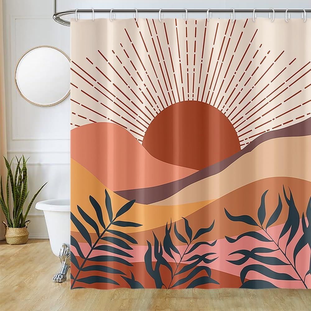 Schimmelresistenter Duschvorhang, Terrakottafarbener Duschvorhang 180x200cm, Waschbarer Stoff, Abstraktes Naturlandschaftsdesign Im Bohème-stil, Wasserdichter Duschvorhang, Badezimmervorhänge Mit 12 H