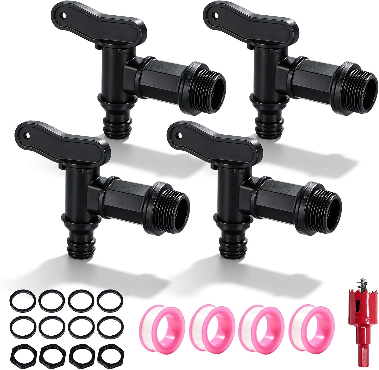 Set Mit 4 3/4"-regenwassertank-ablassventilen Mit Kontermutter, Dichtungsstreifen, Spülventil Und Gartenhahn Für Regentonnen, Wassertanks Und Fässer