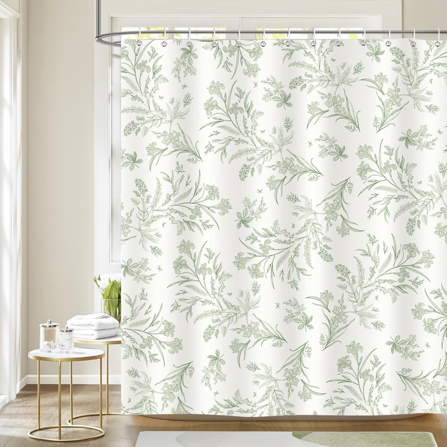 Botanischer Duschvorhang Mit Grünem Blattmuster, 180 X 180 Cm, Wasserdicht, Tropisches Blätter- Und Blumenmotiv, Schimmelresistentes Material, Inklusive 12 Haken