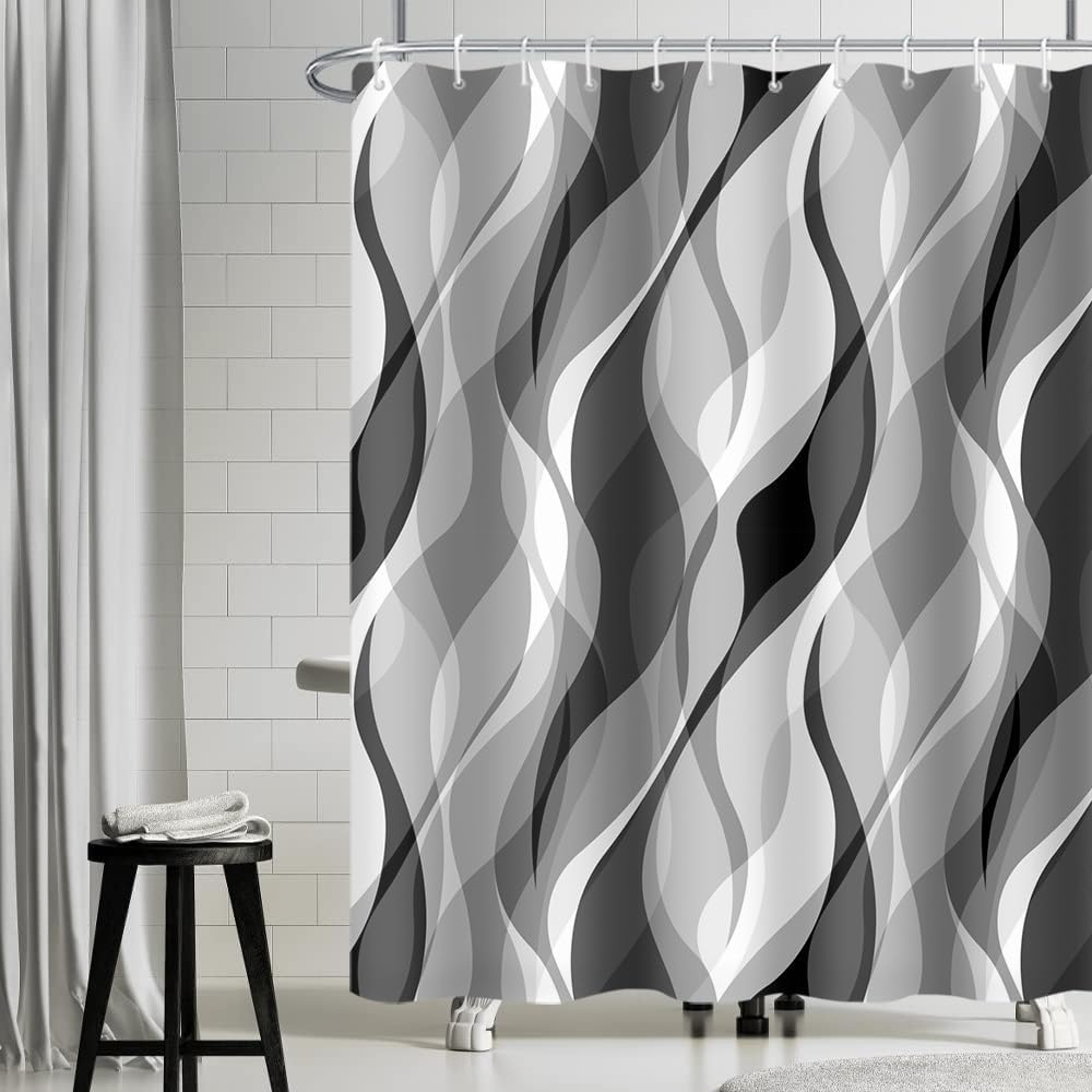 Grauer Duschvorhang, Anti-schimmel-duschvorhang 180x200cm, Schwarz Gestreift, Abstrakter Farbverlauf, Wasserdichter Badewannenvorhang, Waschbarer Stoff, Badezimmervorhang Mit 12 Haken