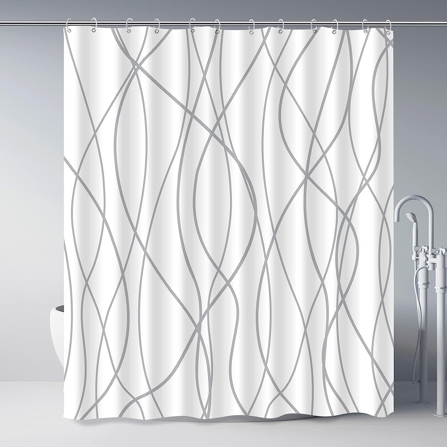 182 X 182 Cm Großer, Gestreifter, Grauer Duschvorhang Aus Stoff, Schimmelresistent, Für Badewannen Geeignet, Maschinenwaschbar, Wasserdicht, Weißer Duschvorhang Mit 12 Haken, Moderner Stil