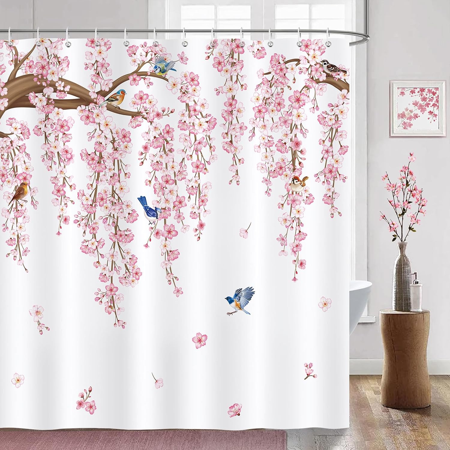 Duschvorhang Mit Kirschblüten-, Rosa Sakura- Und Vogelmotiven, Polyestergewebe, Schimmelresistent, Wasserdicht, Waschbar, 180 X 180 Cm, Inklusive 12 Haken Für Die Badewanne