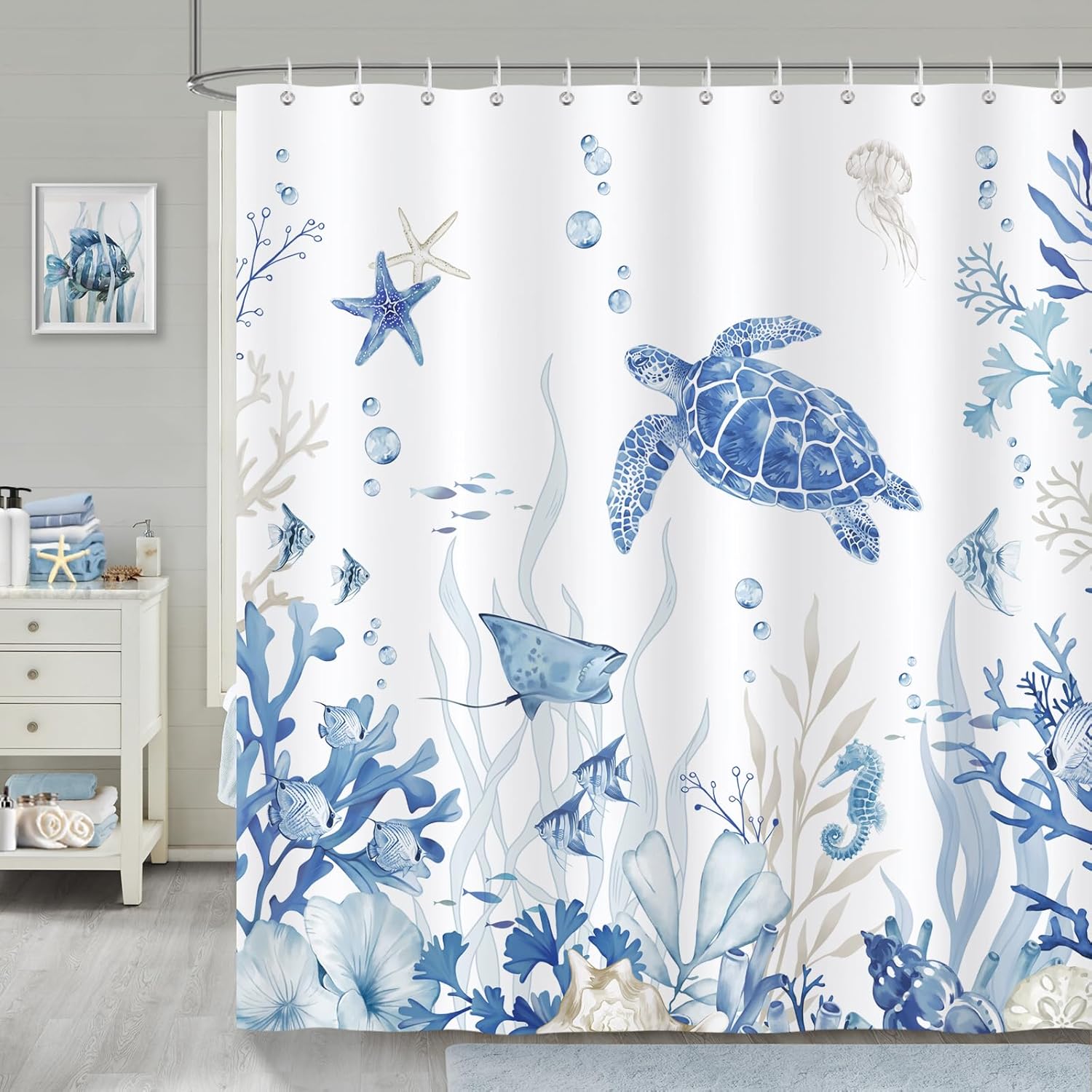 Duschvorhang Mit Meeresschildkrötenmotiv Aus Blauem Ozean, Polyestergewebe, Schimmelresistent, Wasserdicht, Waschbar, Badezimmervorhang, 180 X 180 Cm Mit 12 Badewannenhaken