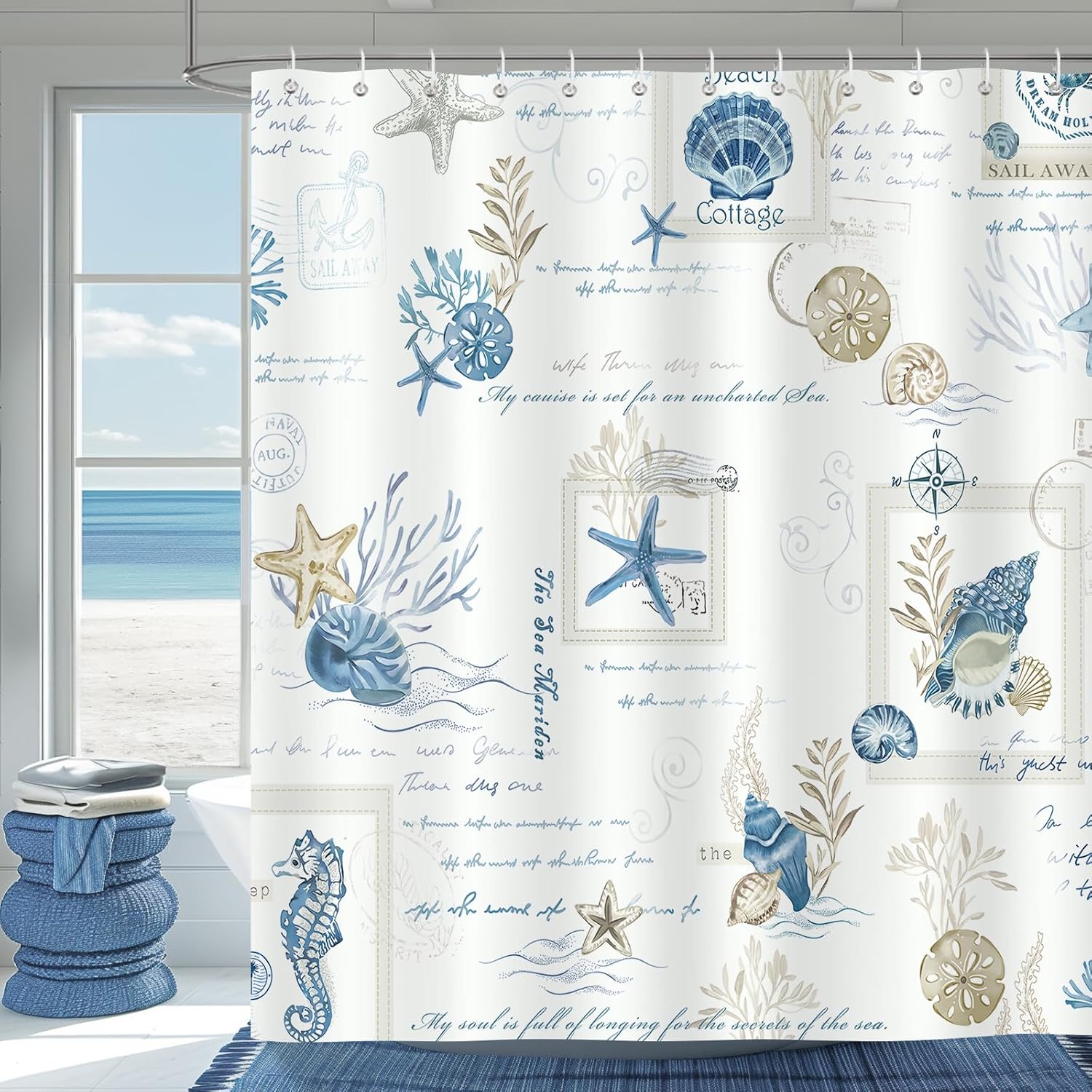 Duschvorhang In Maritimem Küstenblau Mit Muschelmuster, Ozean-badezimmervorhang, Polyestergewebe, Schimmelresistent, Wasserdicht, Waschbar, Badezimmervorhänge, 180 X 180 Cm, Inklusive 12 Haken Für Die