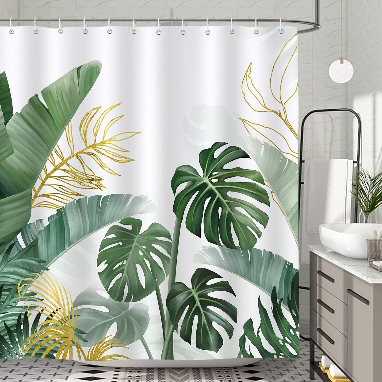 Duschvorhang Mit Tropischem Palmenblattmuster, Grün, 180 X 180 Cm, Polyestergewebe, Schimmelresistent, Wasserdicht, Waschbar, Badezimmervorhang Mit 12 Haken Für Die Badewanne