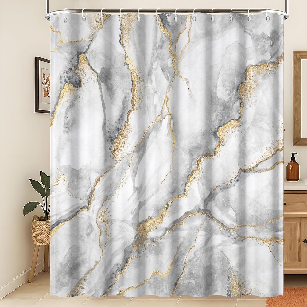 3d-duschvorhang In Marmoroptik, Grau-goldener Badezimmervorhang, Moderner Luxus, Abstrakter Grauer Marmor Mit Goldenen Punkten, Wasserabweisend, Maschinenwaschbar, 150 X 180 Cm