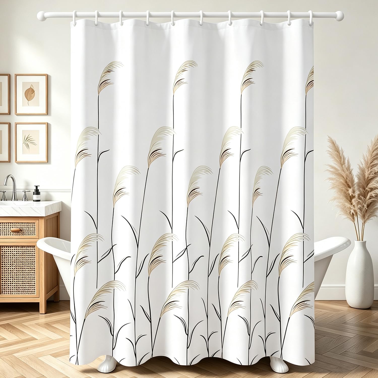 Duschvorhang 180 X 180 Cm, Weizenährenmuster, Beschwerter Saum, Schimmelresistent, Wasserdicht, Waschbar, Polyestergewebe, Mit 12 Ösen Und Duschvorhangringen, Für Badezimmer
