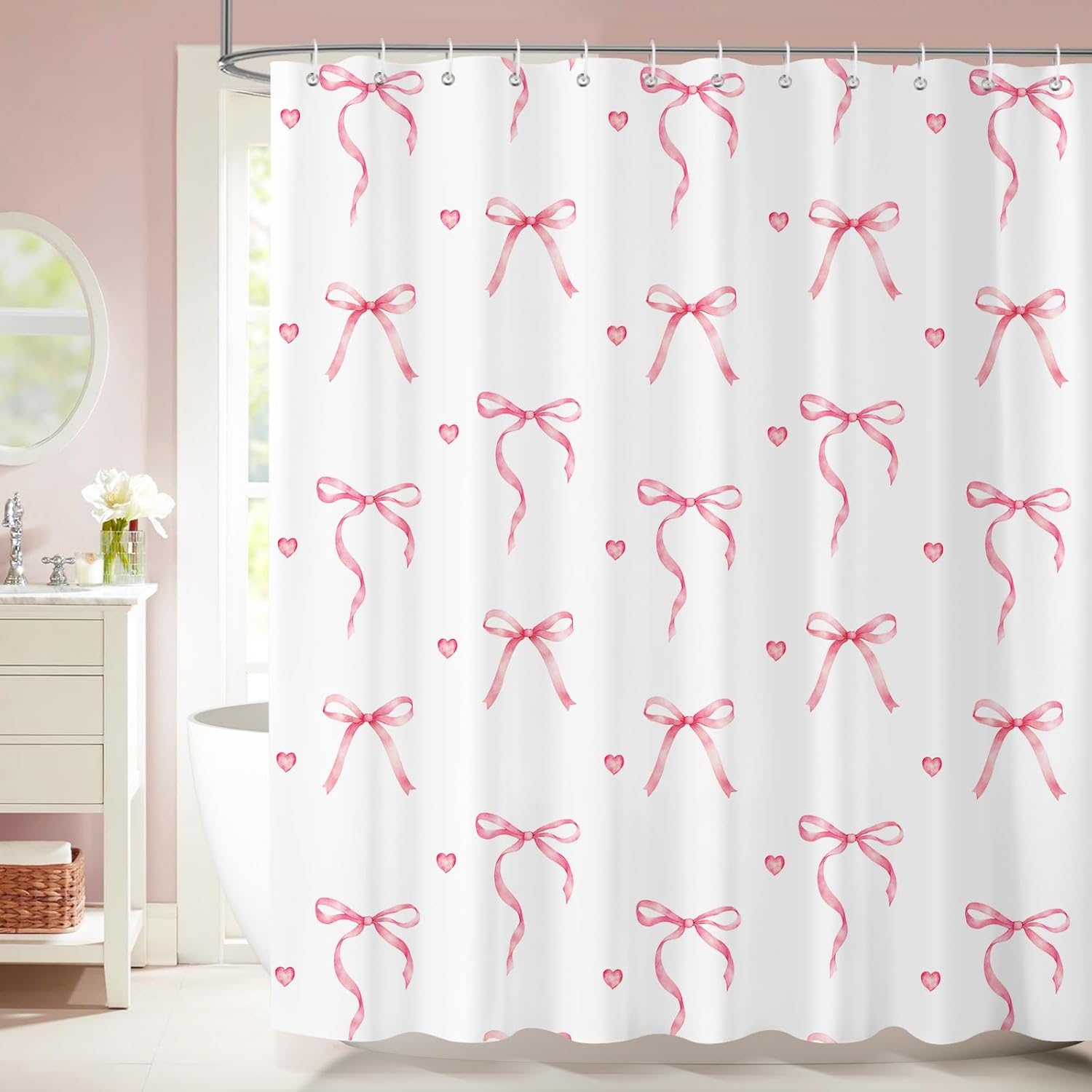Duschvorhang Mit Rosa Schleife, 180 X 180 Cm, Niedlicher Rosa-weißer Duschvorhang Mit Schleife, Wasserdichter Und Schimmelresistenter Duschvorhang Aus Stoff Für Badezimmer Mit 12 Haken
