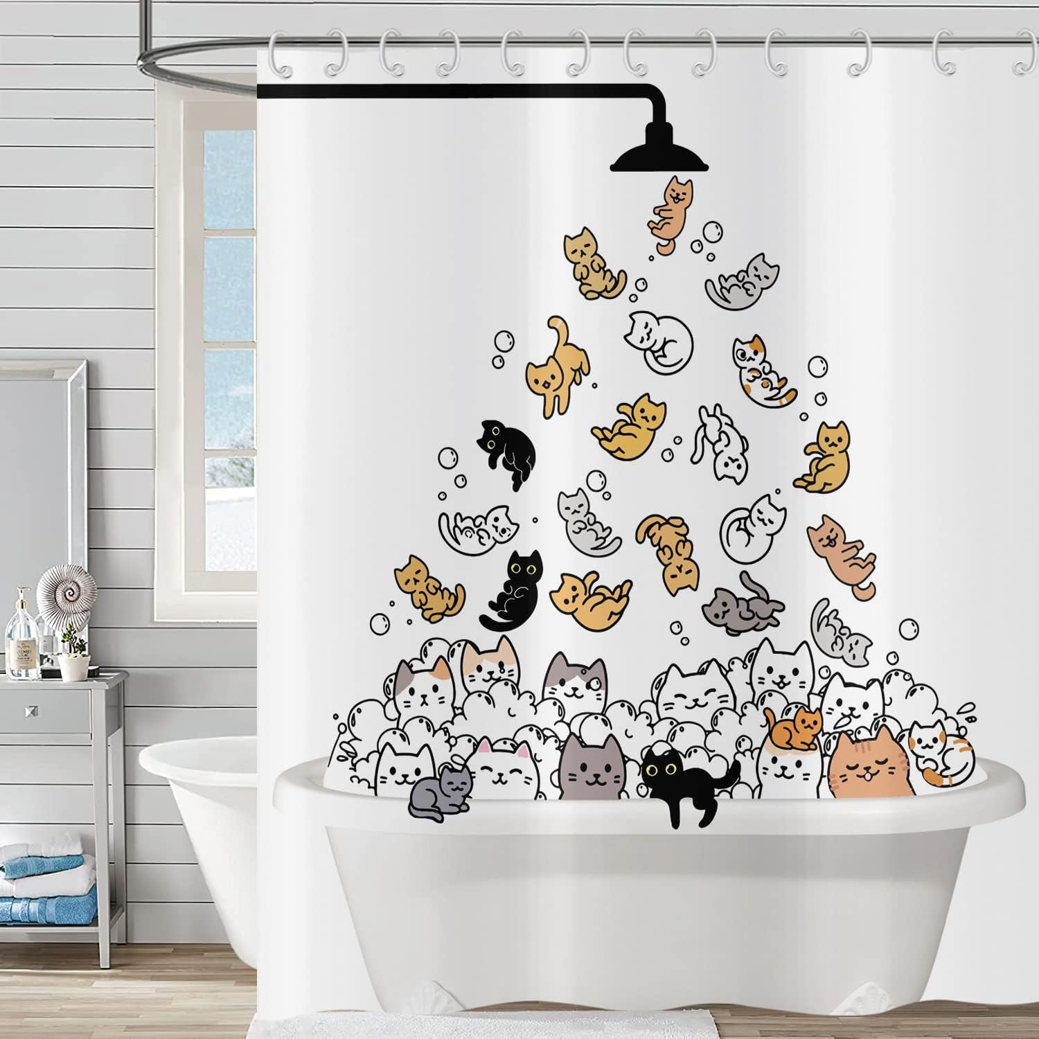 Lustiger Duschvorhang Mit Katzenmotiv (180 X 200 Cm), Farbenfroh, Niedlich, Witzig, Wasserdicht, Aus Waschbarem Polyestergewebe