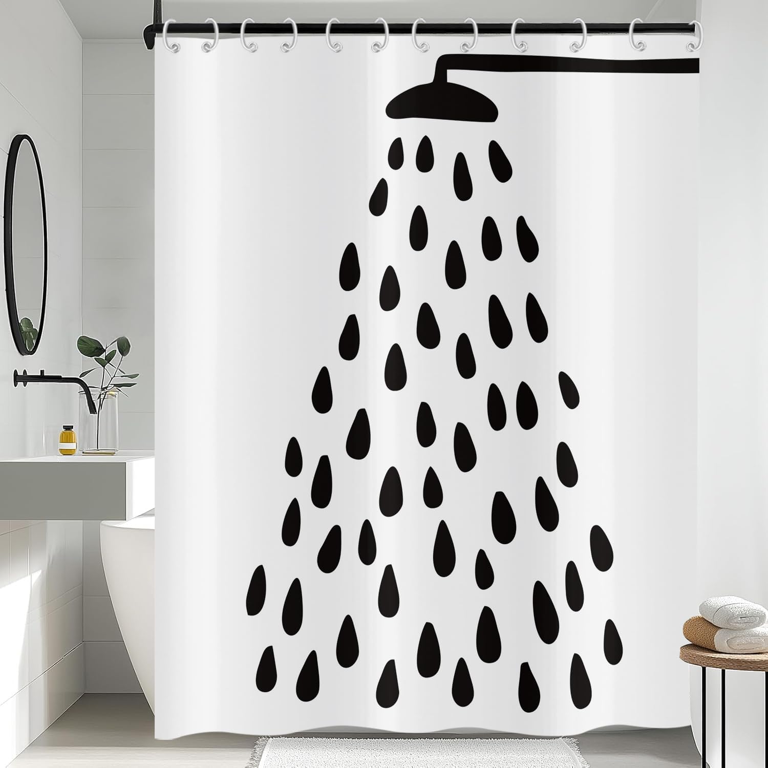 Schwarz-weißer Duschvorhang 180x180 Cm, Modernes Und Verspieltes Duschkopf- Und Wassertropfenmotiv, Wasserdichtes Polyestergewebe, Waschbarer Badewannenvorhang Mit Haken