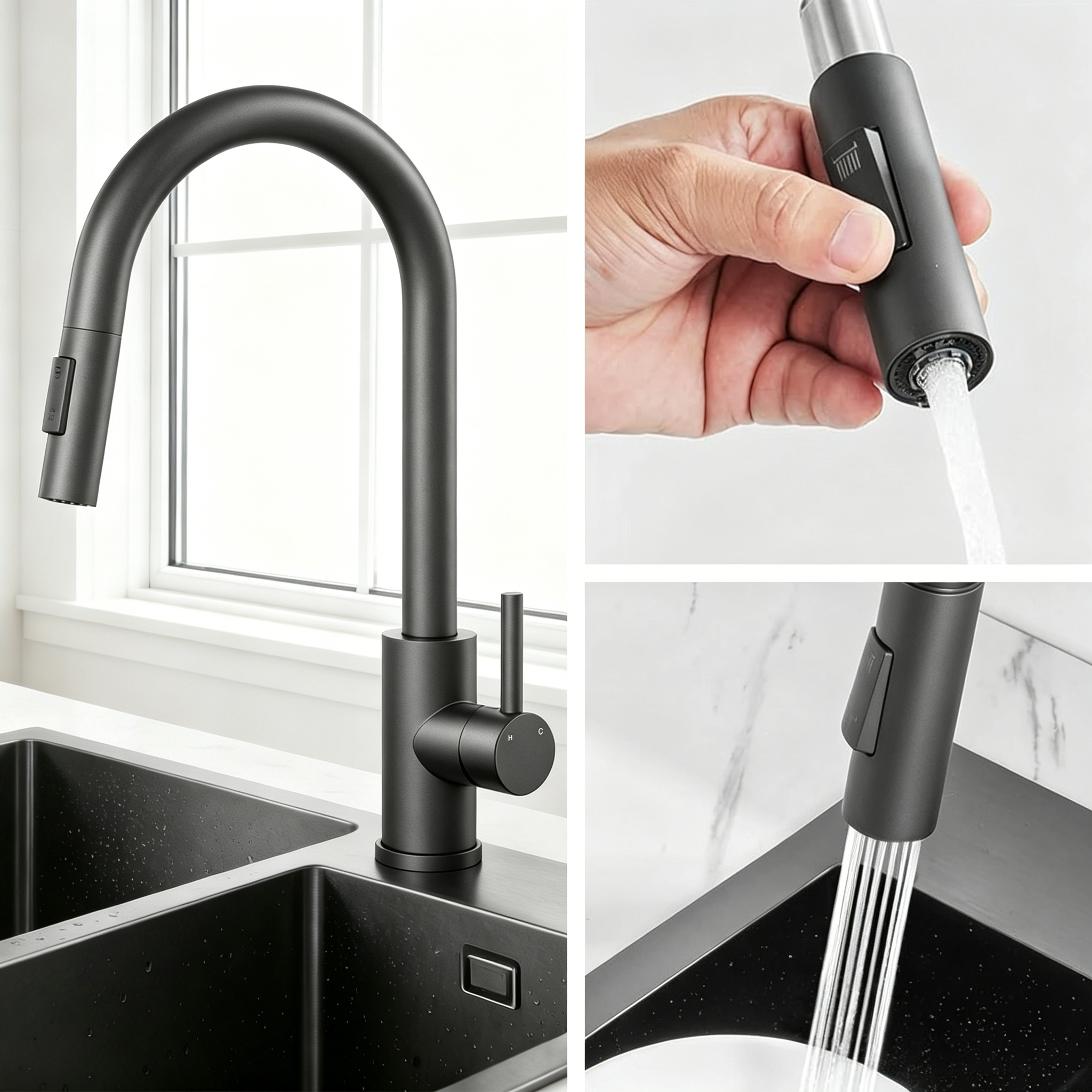 Duschparadies Edelstahl Küchenarmatur Ausziehbar 360°drehbar Einhebelmischer 2 Strahlmodi Hochdruck Küchenwasserhahn Matt Schwarz