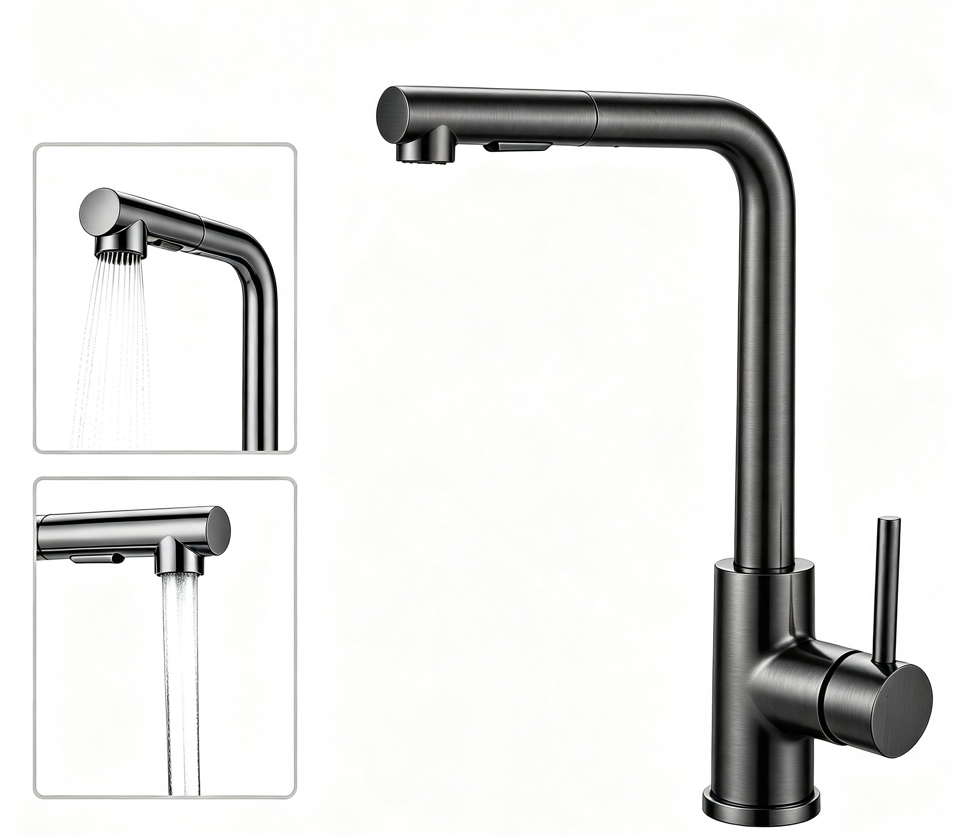 Ausziehbare Küchenarmatur Edelstahl 360° Drehbar Einhebelmischer Hochdruck Küchenmischer Warm Kaltwasser Gunmetal Grau