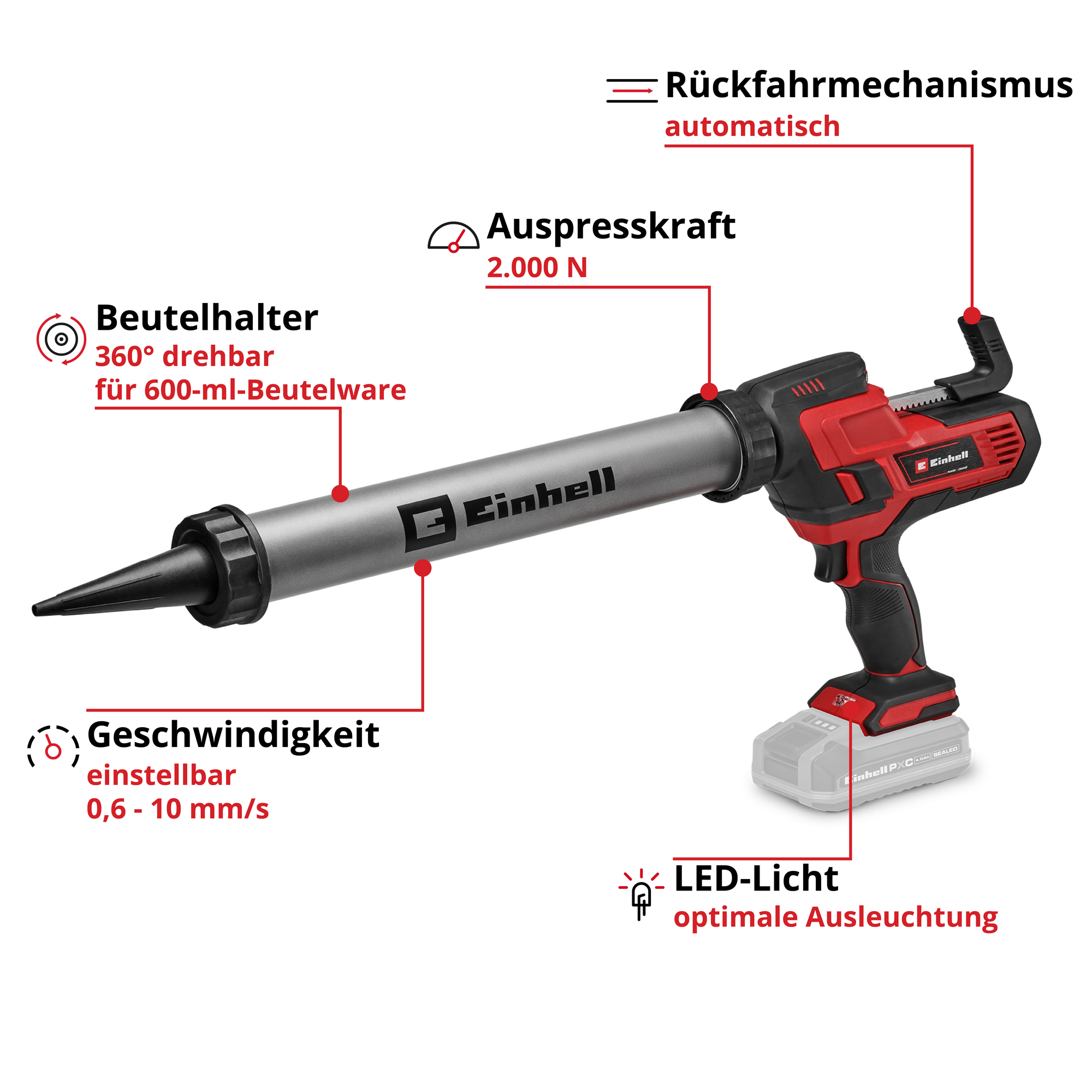 Einhell Akku-kartuschenpistole Te-sg 18/600 B Li-solo Pxc (18 V, Für 600 Ml-folienbeutel, Max. 2000 N Auspresskraft, Einstellbare Drehzahl, 3x Beuteldüse, Ohne Akku) Bild 2