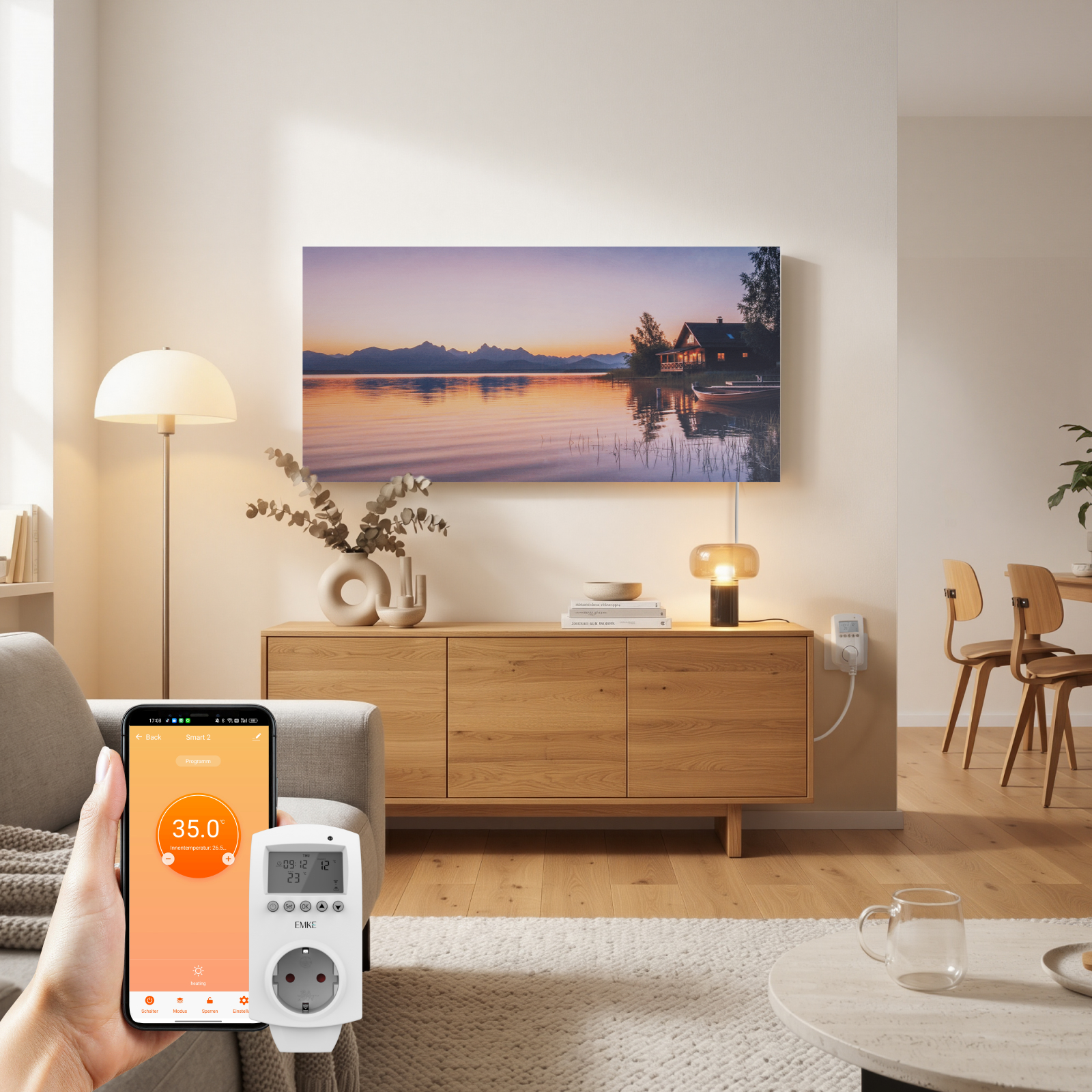 Emke Bildheizung Seelandschaft 1200w 120×60 Cm – Rahmenloses Infrarot-wandheizpaneel Mit Steck-thermostat Und Wlan-app-steuerung