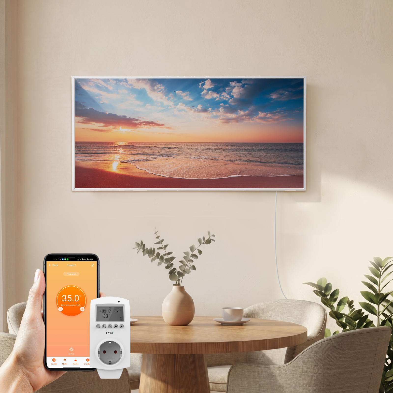 Emke Bildheizung Sonnenuntergang Am Meer 1200 W 120 × 60 Cm, Infrarotheizung Mit Steck-thermostat Und Wlan-app-steuerung