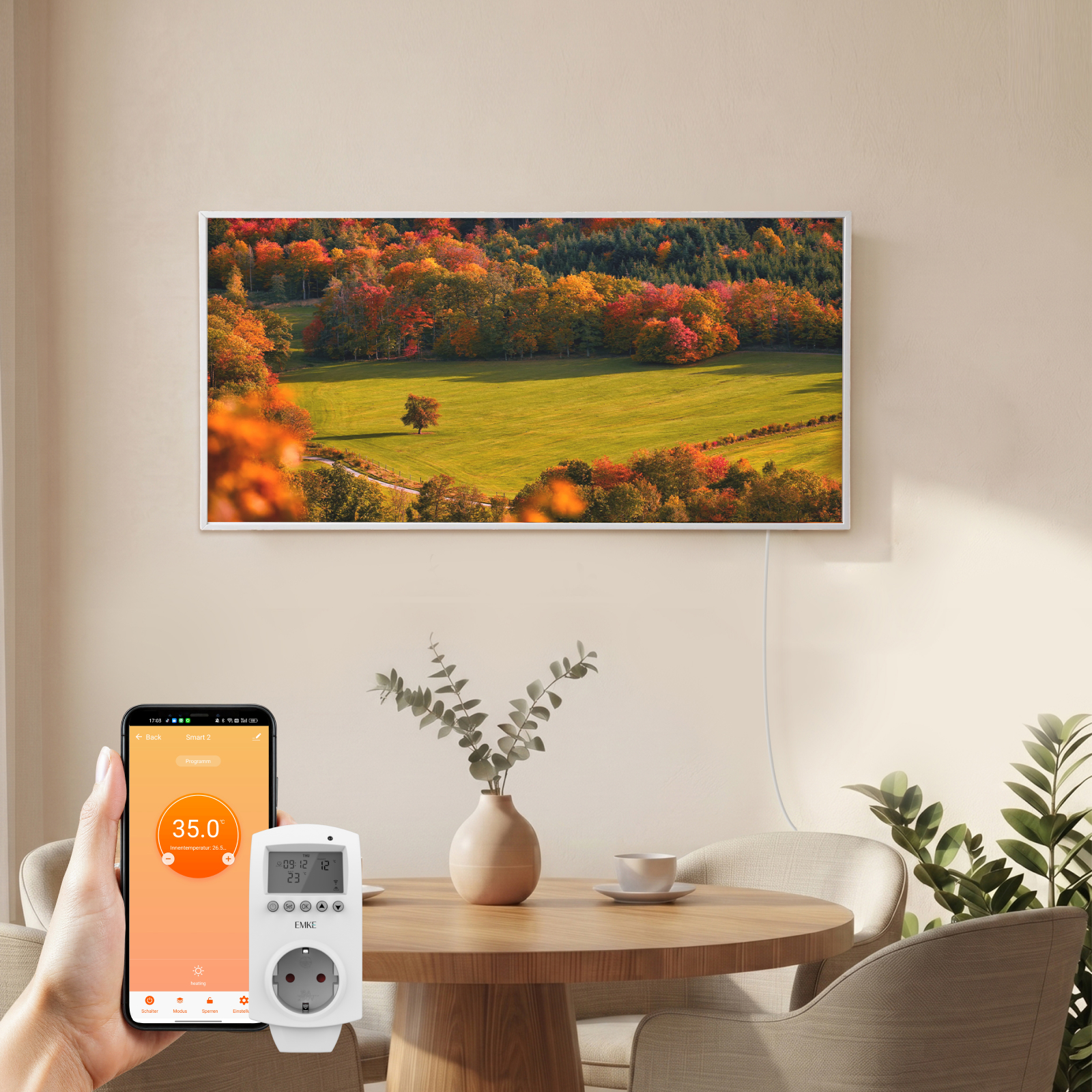 Emke Bildheizung Waldlandschaft 1200 W 120 × 60 Cm, Infrarotheizung Mit Steck-thermostat Und Wlan-app-steuerung