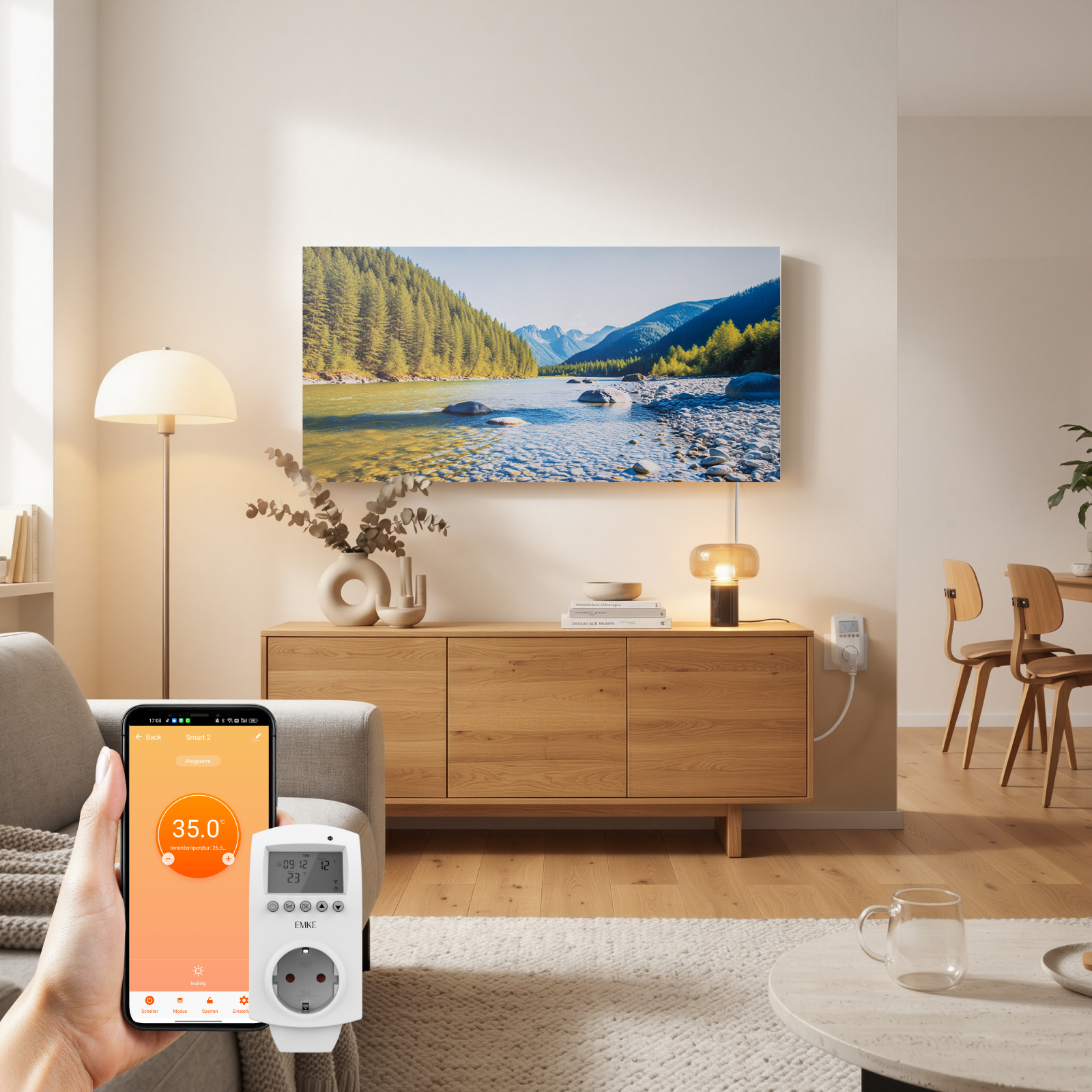 Emke Bildheizung Bergbach 1200w 120×60 Cm – Rahmenloses Infrarot-wandheizpaneel Mit Steck-thermostat Und Wlan-app-steuerung