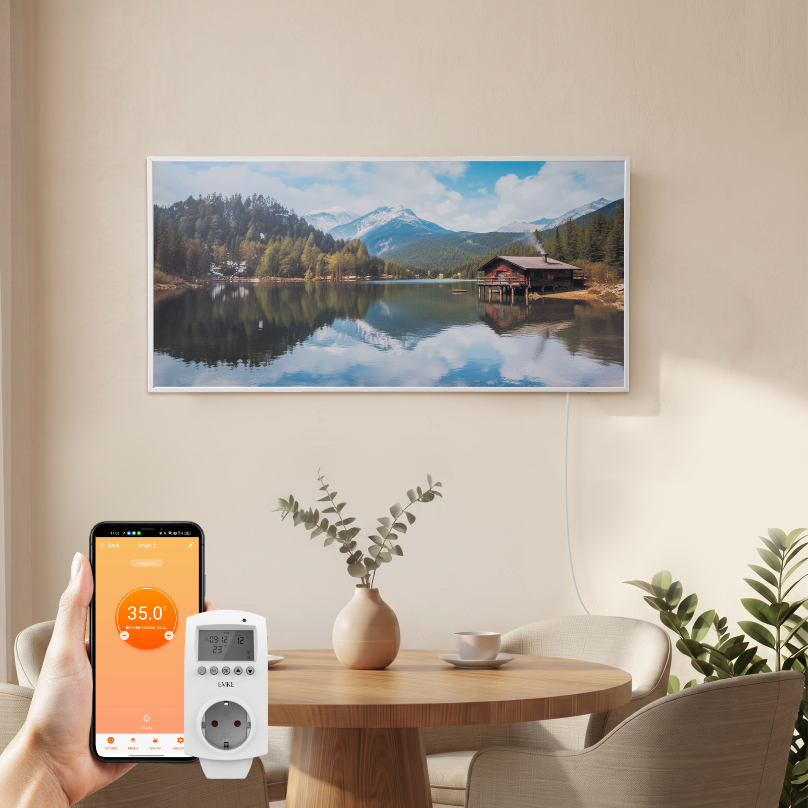 Emke Bildheizung Seelandschaft 1200 W 120 × 60 Cm, Infrarotheizung Mit Steck-thermostat Und Wlan-app-steuerung